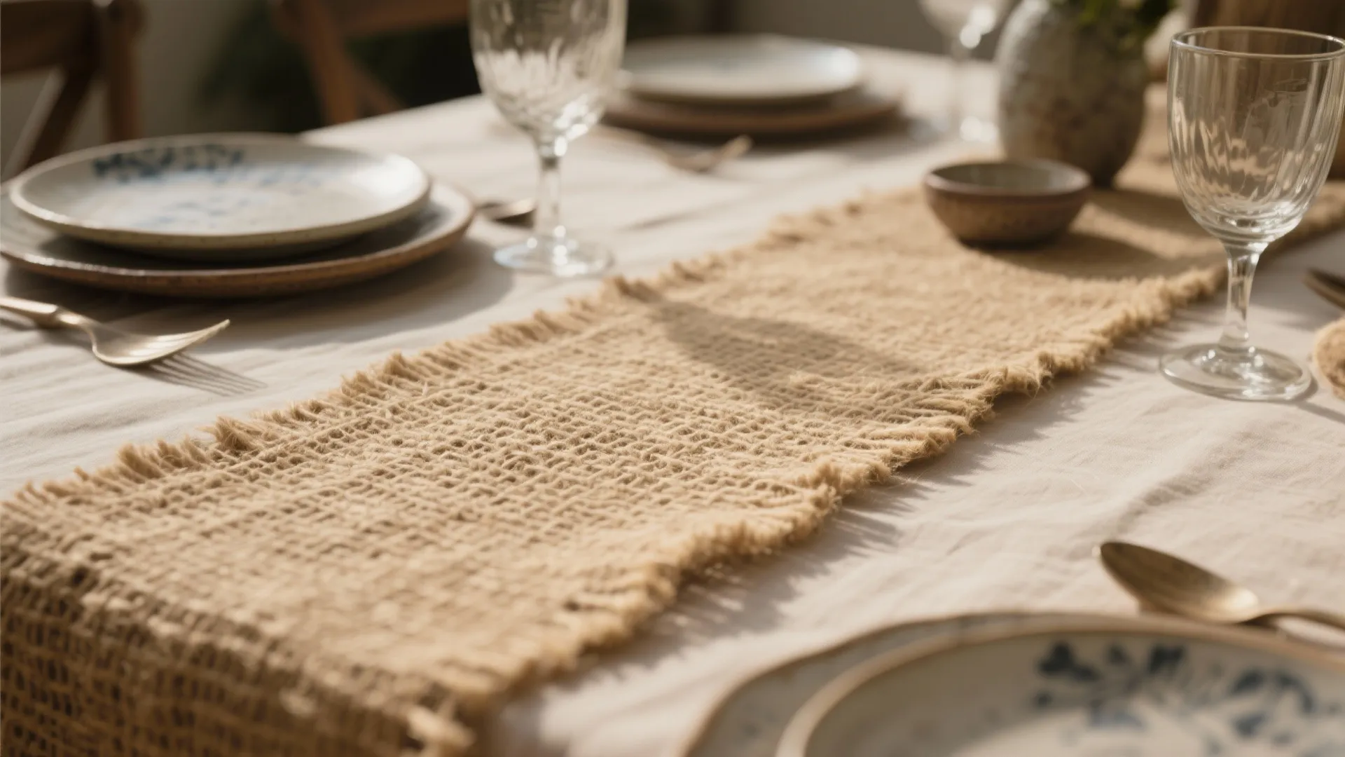 Rustic dining table setting featuring a brown woven jute runner ceramic plates and glass cups