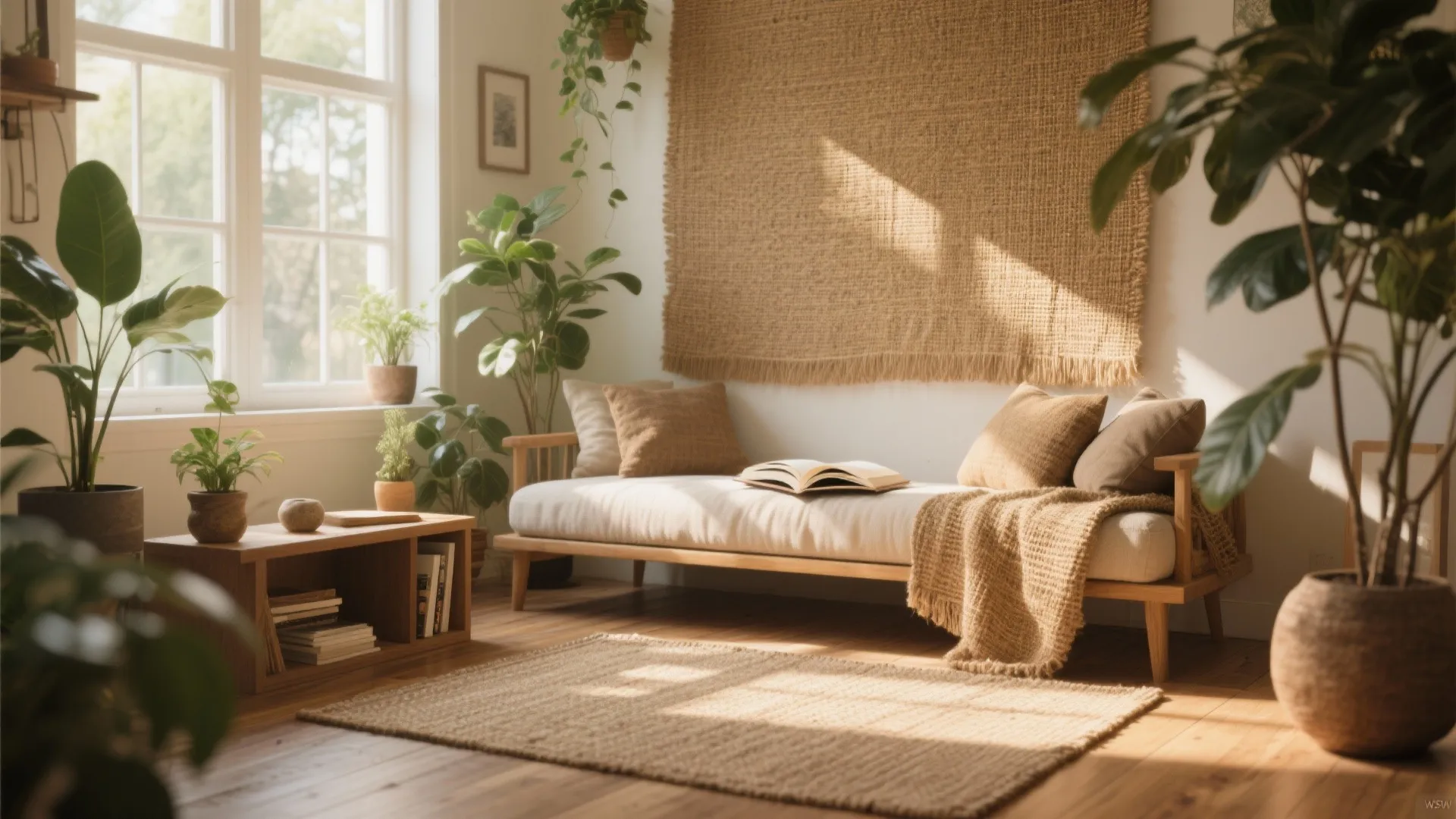 Bright living room with wooden sofa jute wall hanging floor rug green plants and sunlight