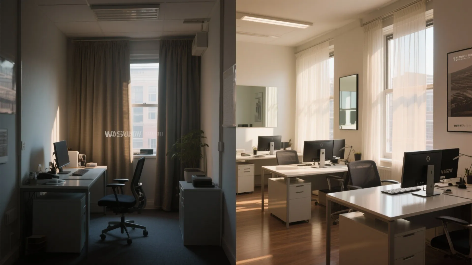 Before-and-after view showing improved natural light after moving desks and adding reflective surfaces.