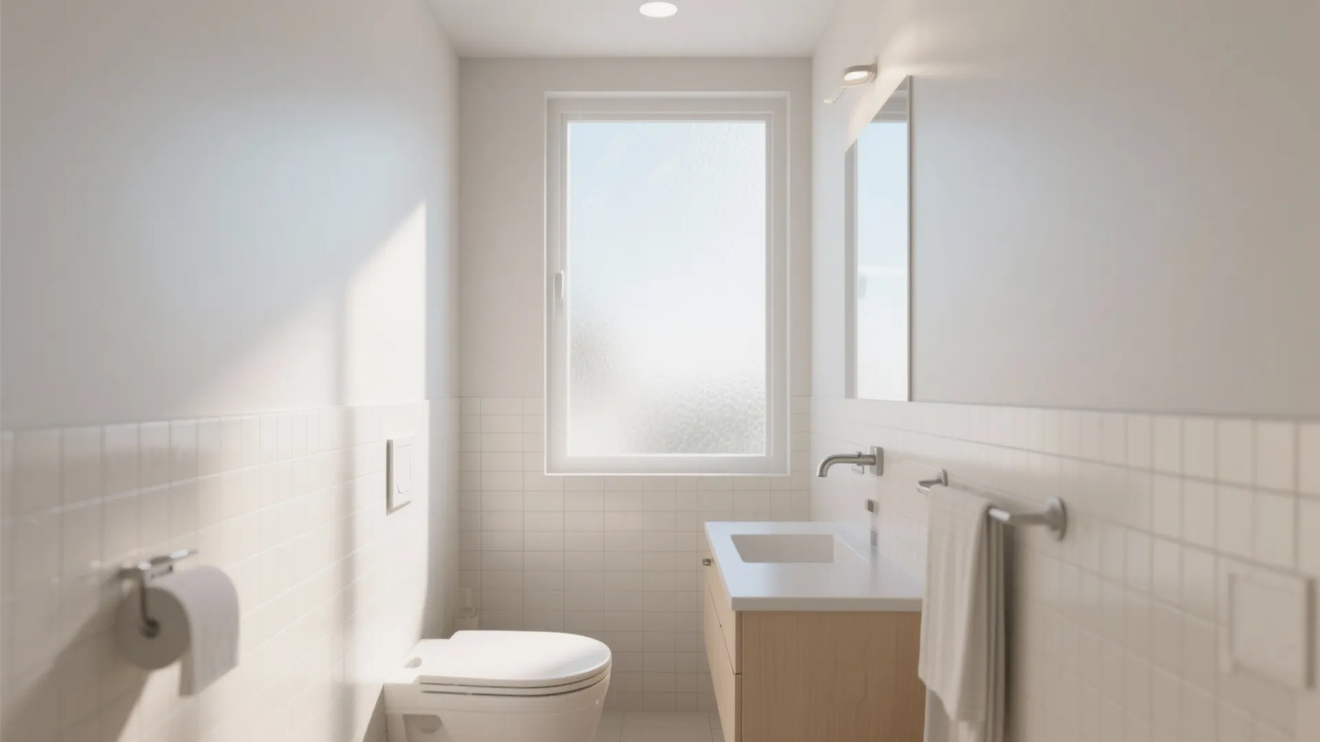 Modern bright bathroom featuring white wall tiles wooden cabinet white toilet and large frosted window