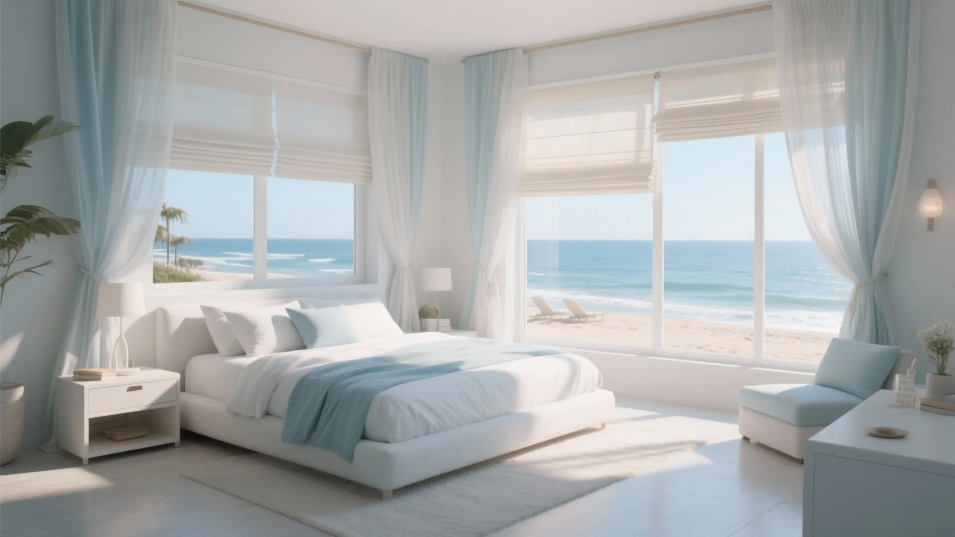 Bright bedroom with white bed light blue curtain and large windows overlooking the ocean beach