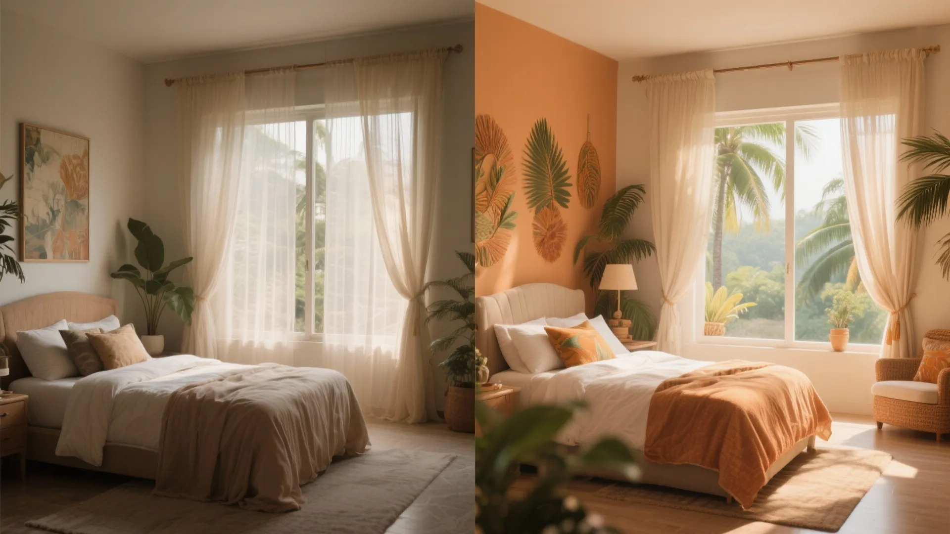 Before and after comparison of bedroom lighting from cool grey tones to warm orange sunset light
