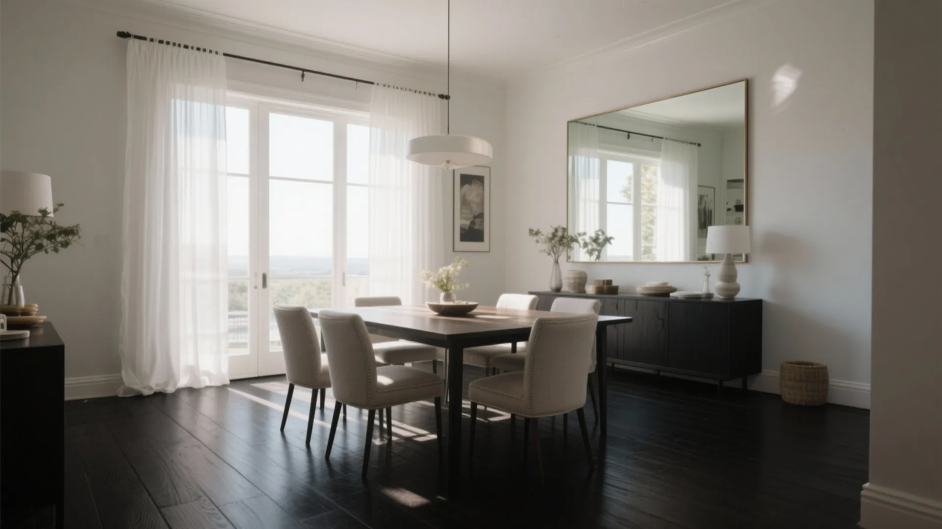 Bright dining room with white curtains on windows dark wood floor and large wall mirror