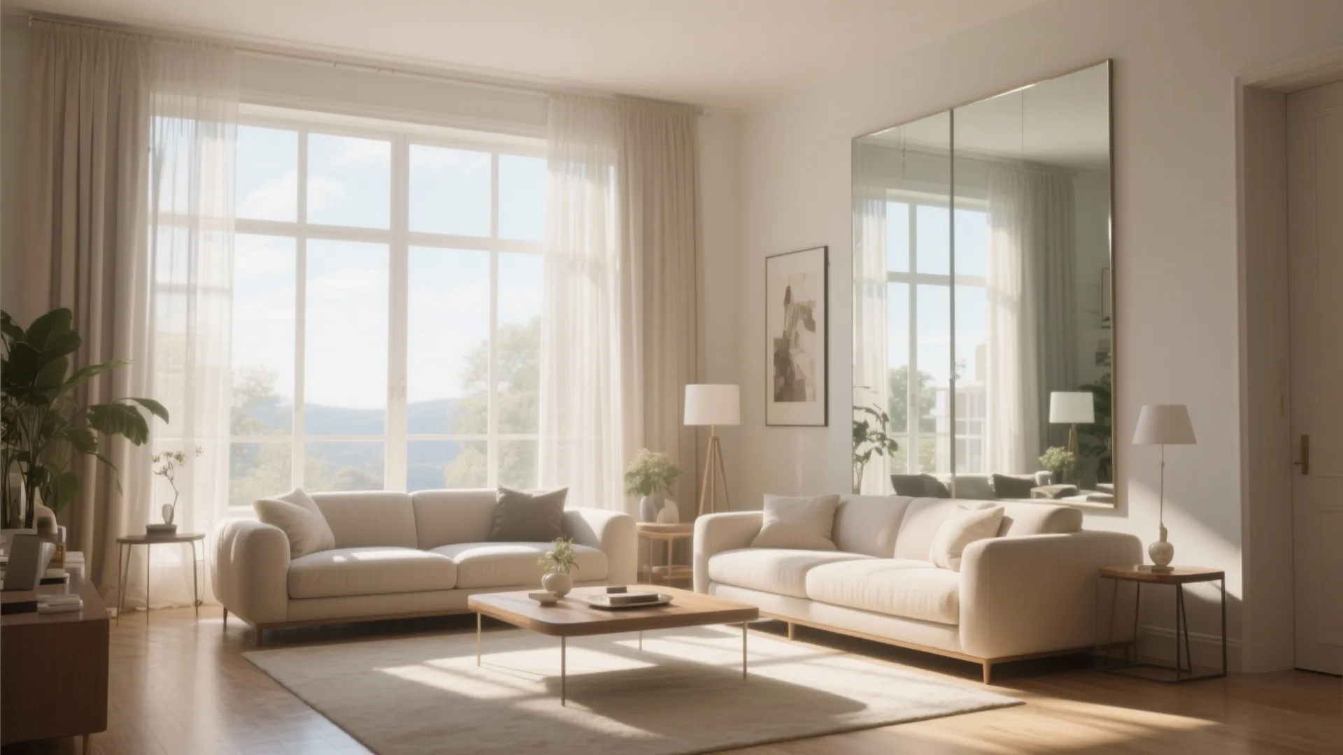 Bright living room with white sofas large windows mirror coffee table and plenty of natural light
