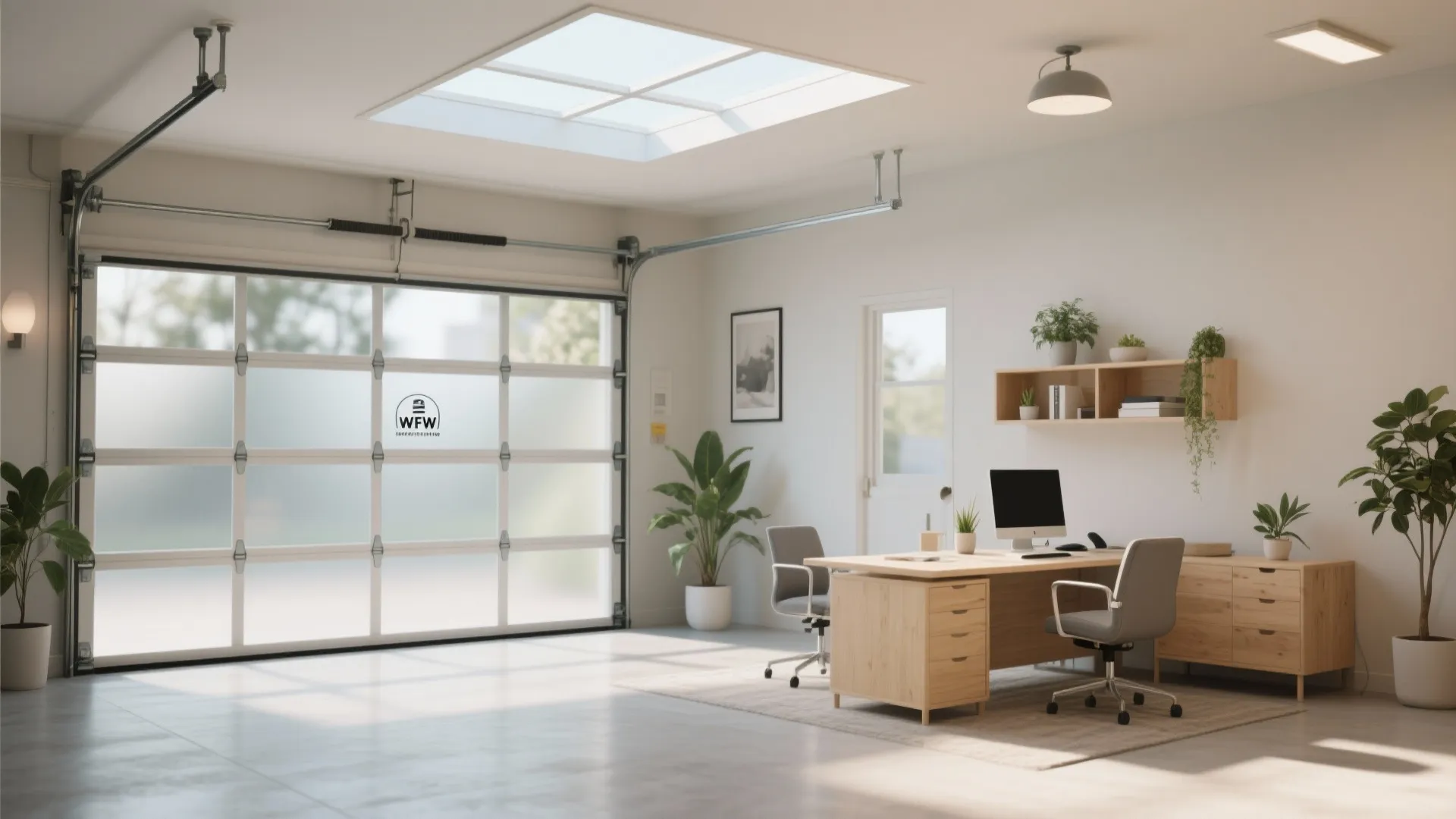 Modern garage home office featuring wooden desk grey chairs green plants roof window and glass doors