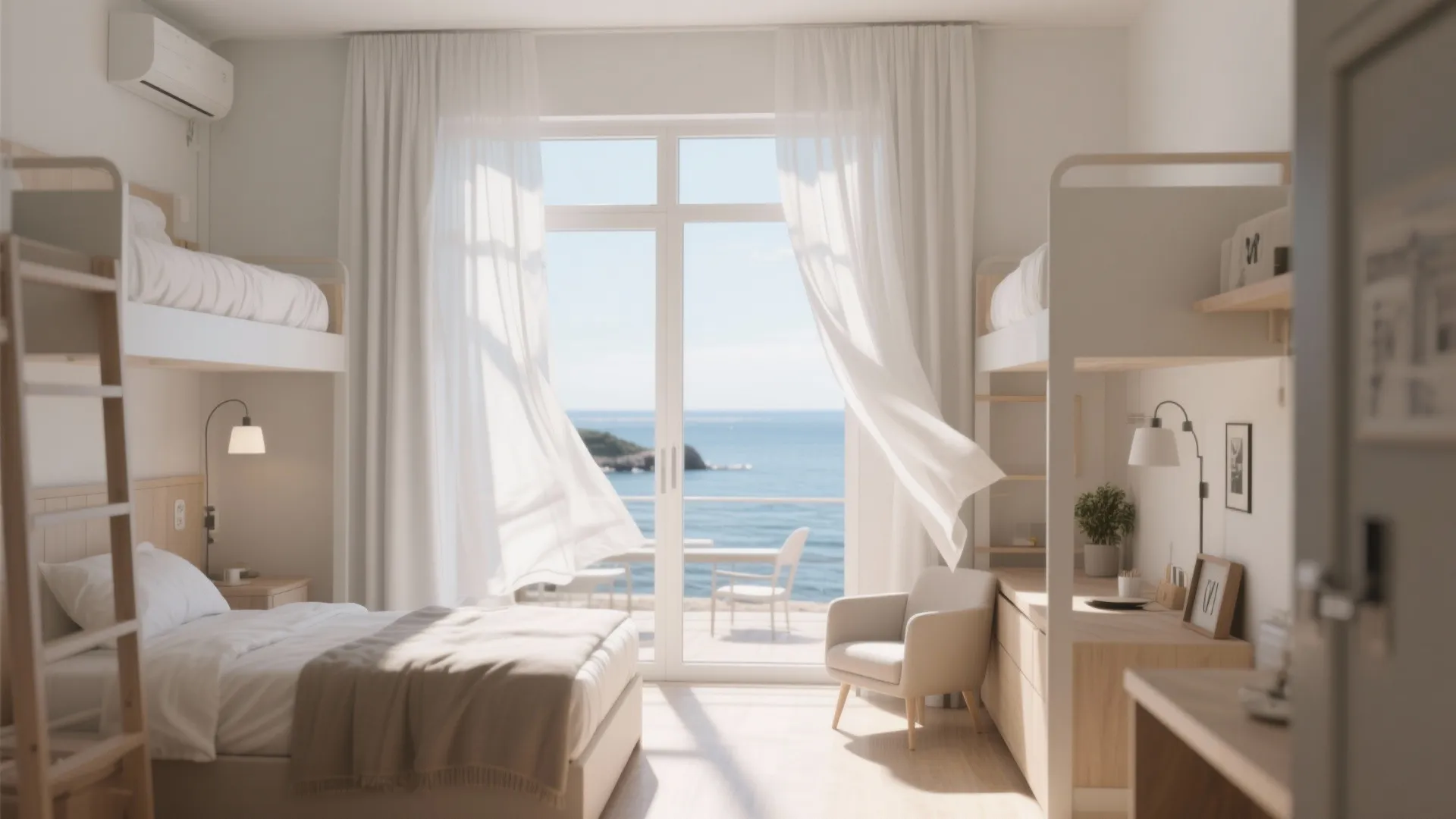 Bright bedroom with white curtains blowing in the wind and a view of the sea