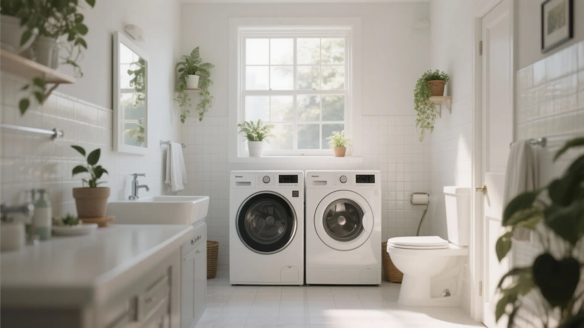 Bright laundry room featuring two washing machines under a window with sink toilet and plants