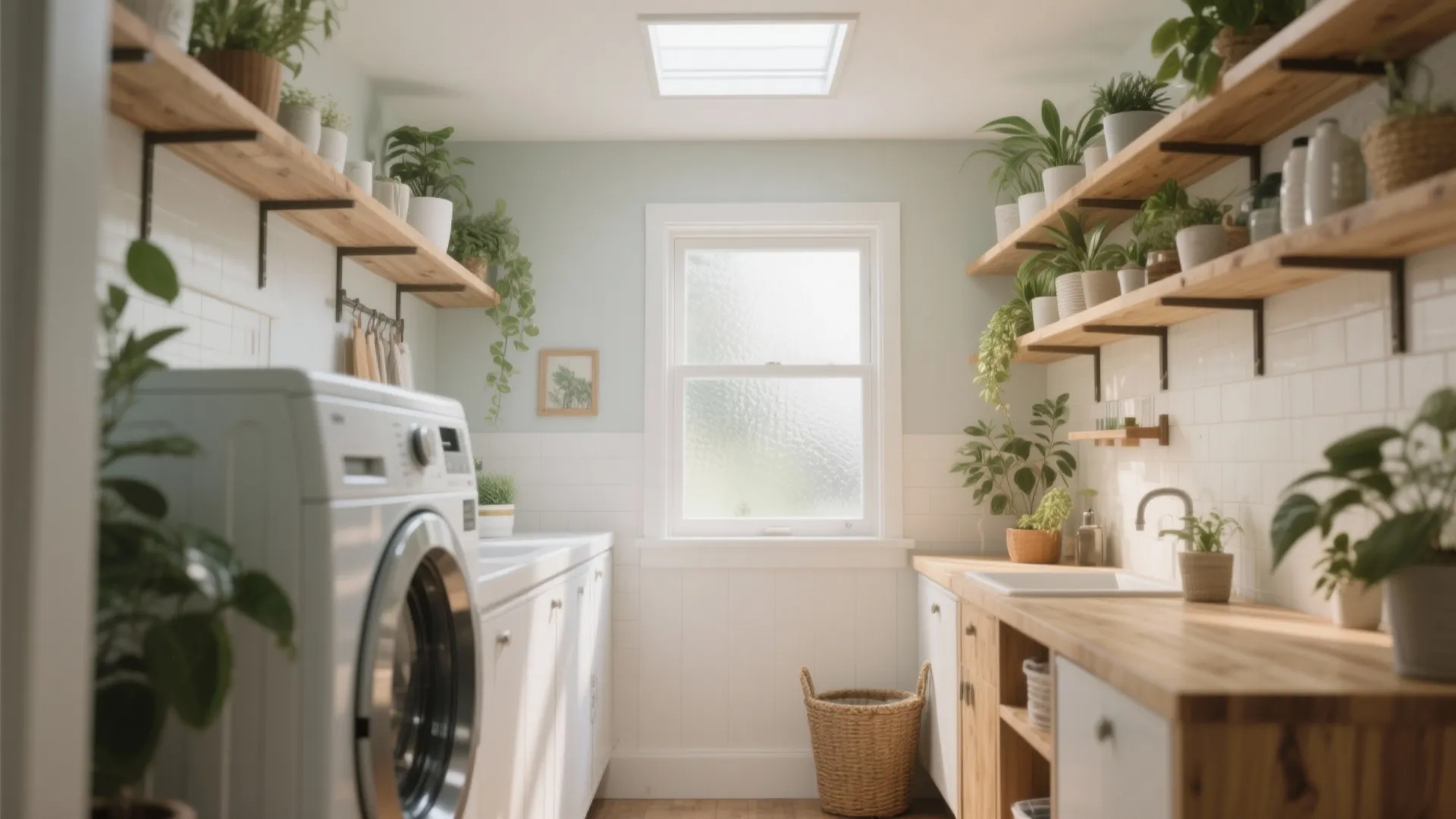 Bright laundry room with washing machine white cabinets wooden shelves green plants and central window