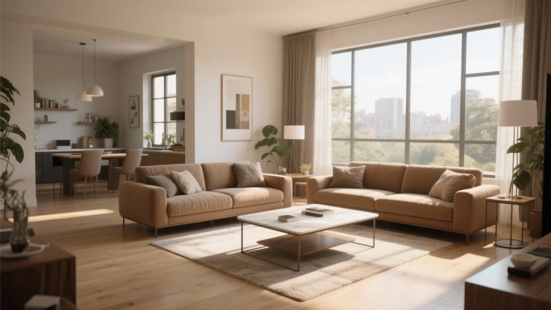 Modern open plan living room with brown sofas marble coffee table large windows and natural light