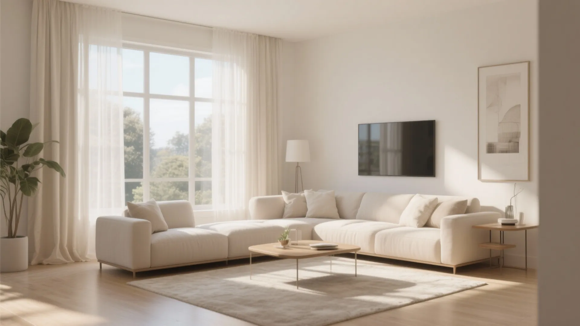 White living room with large sectional sofa, wooden coffee table, wall TV, and natural light