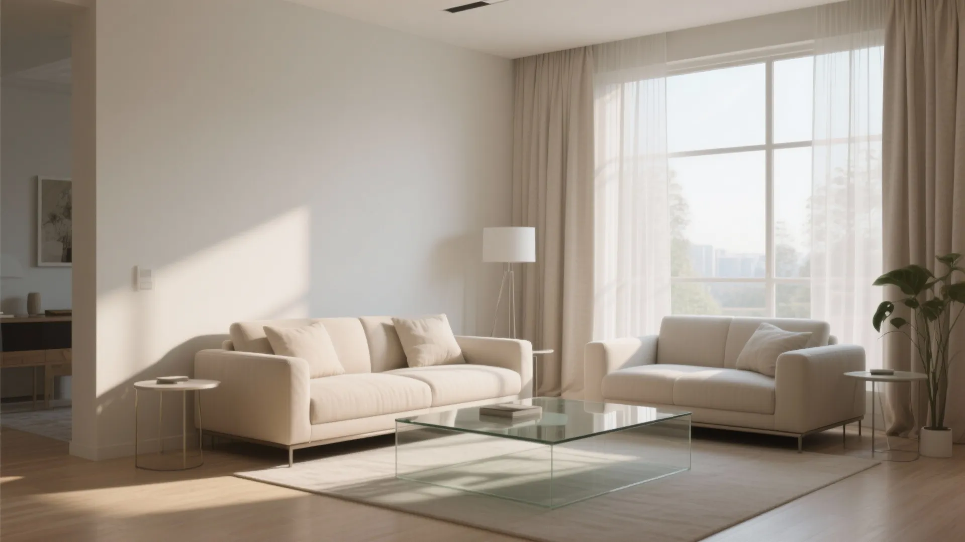 Bright minimalist living room featuring cream sofas glass coffee table large windows and warm natural light