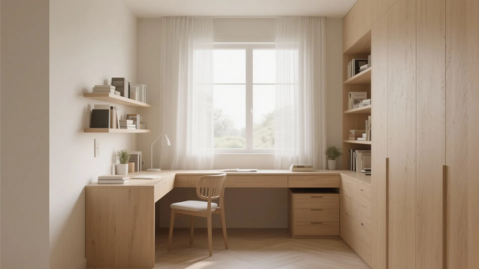 Bright wooden home office with large window white curtain corner desk chair and tall cabinet