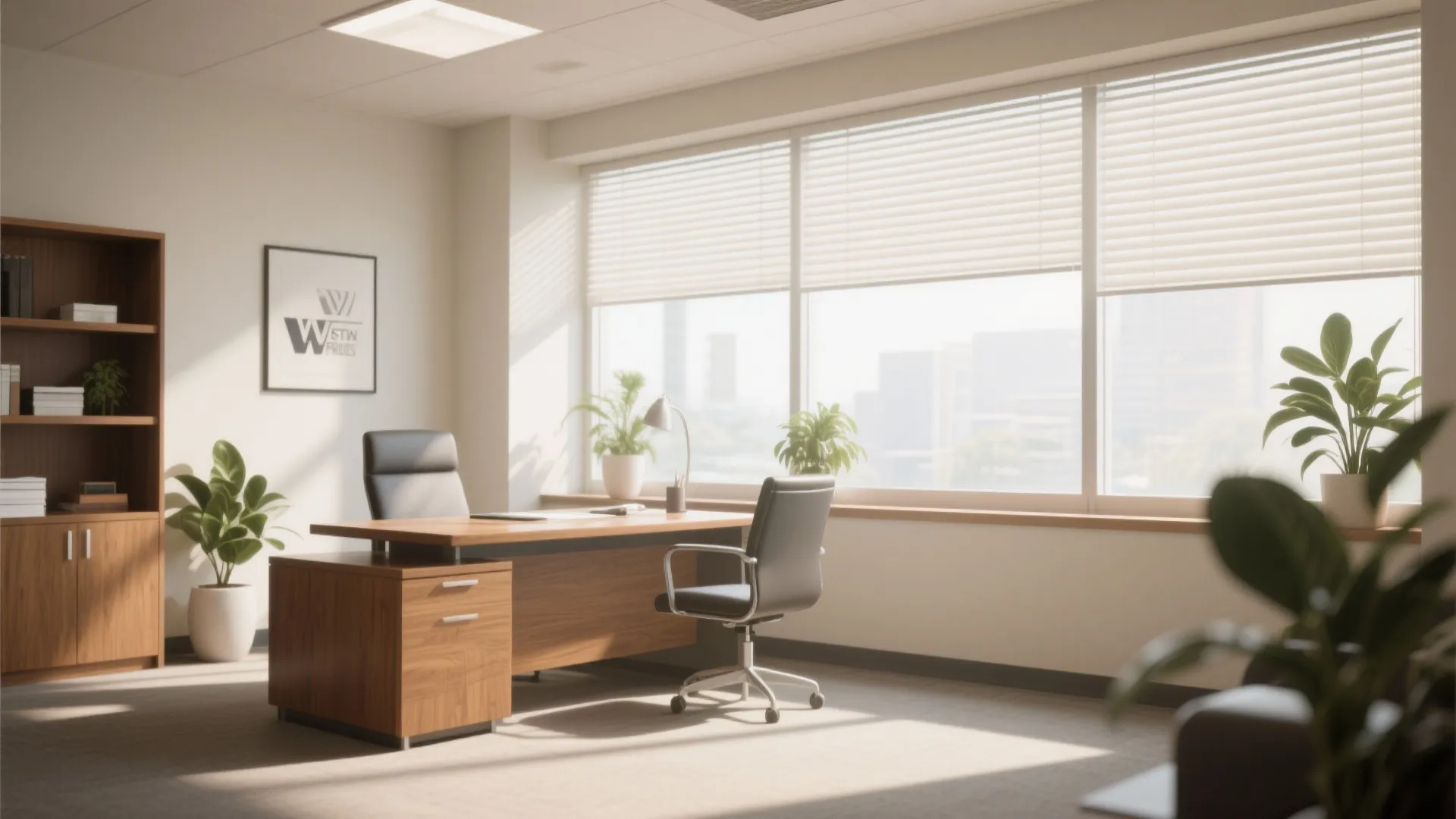 Bright office with wood desk black chairs large windows with blinds plants and white walls