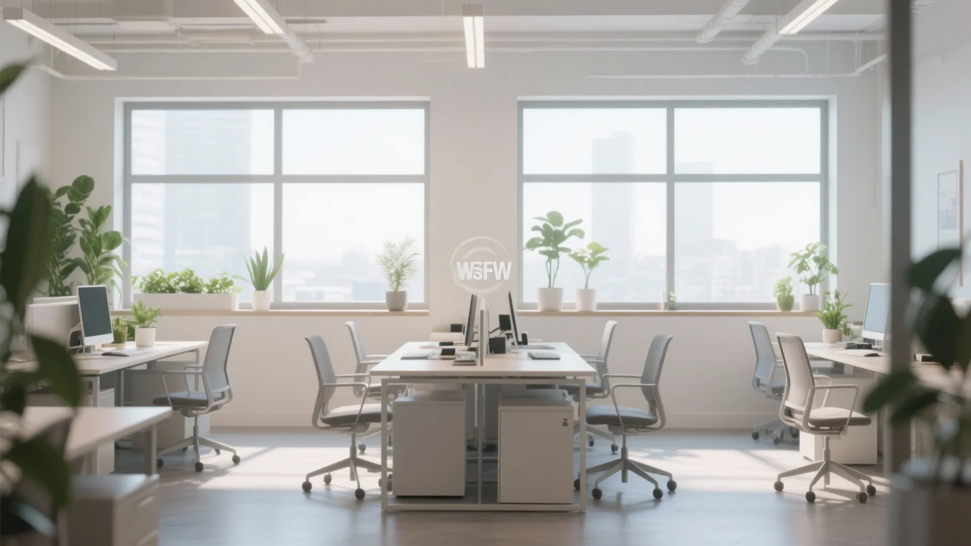 Bright white office space with large windows green plants desks grey chairs and natural sunlight