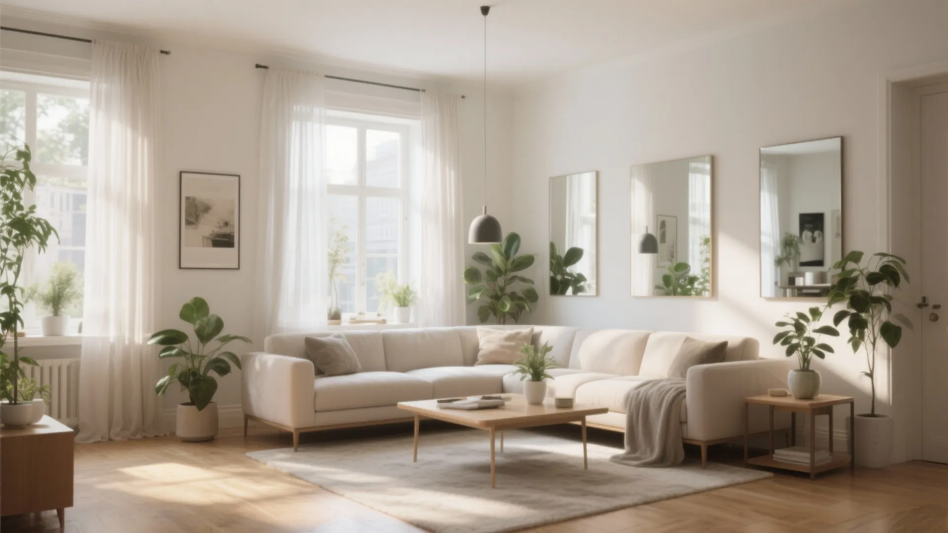 Bright living room with white corner sofa wooden coffee table large windows and green potted plants