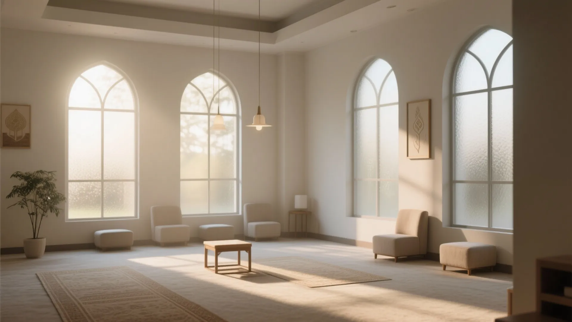 Bright minimalist hall with arched windows natural light beige chairs wooden table and indoor green plant