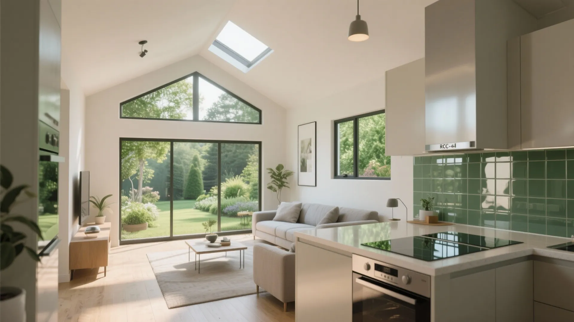 Open plan living area with grey sofa green wall tiles kitchen island and large glass doors