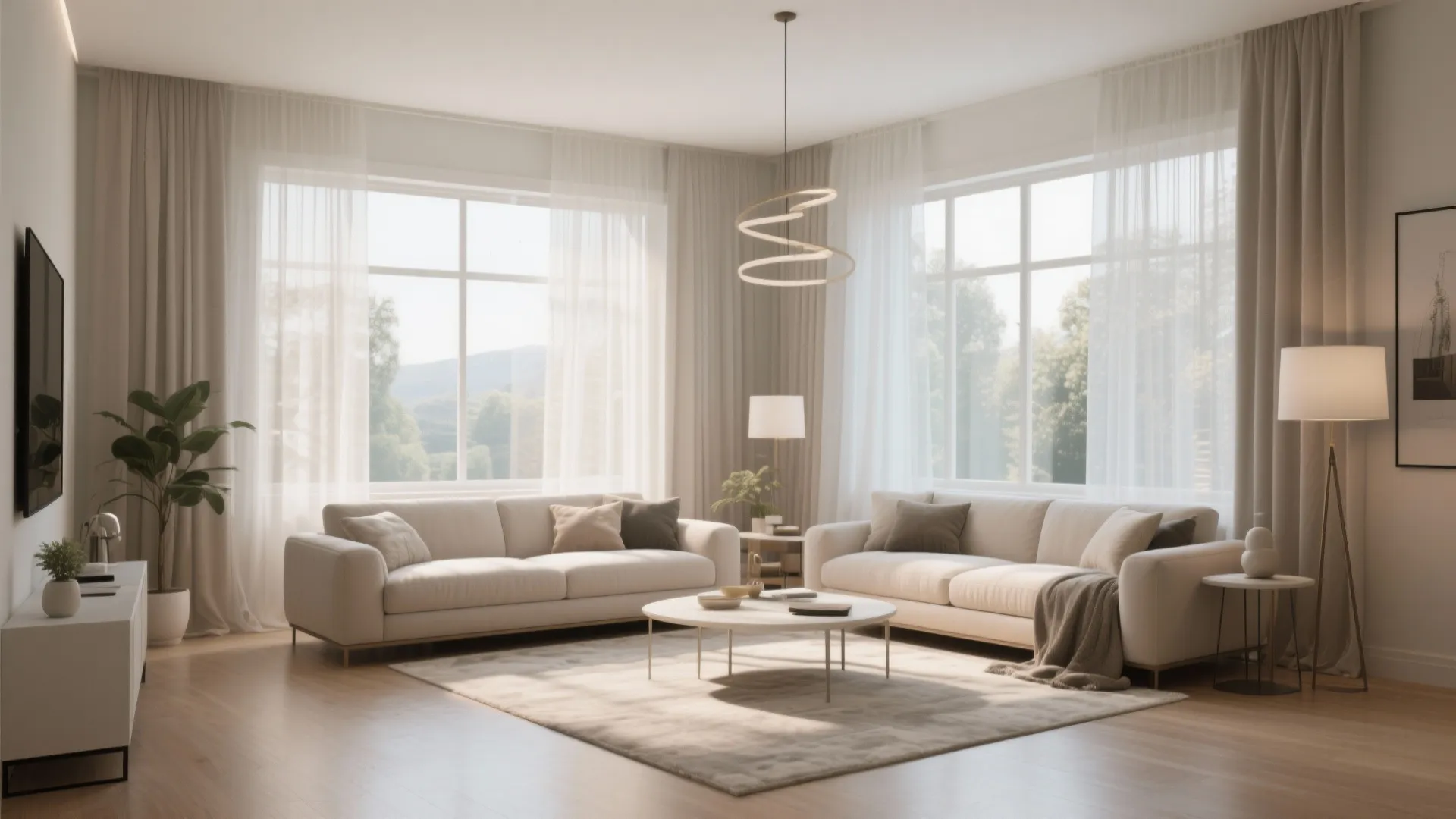 Bright living room with white sofas, round coffee table, large windows, and a ceiling light