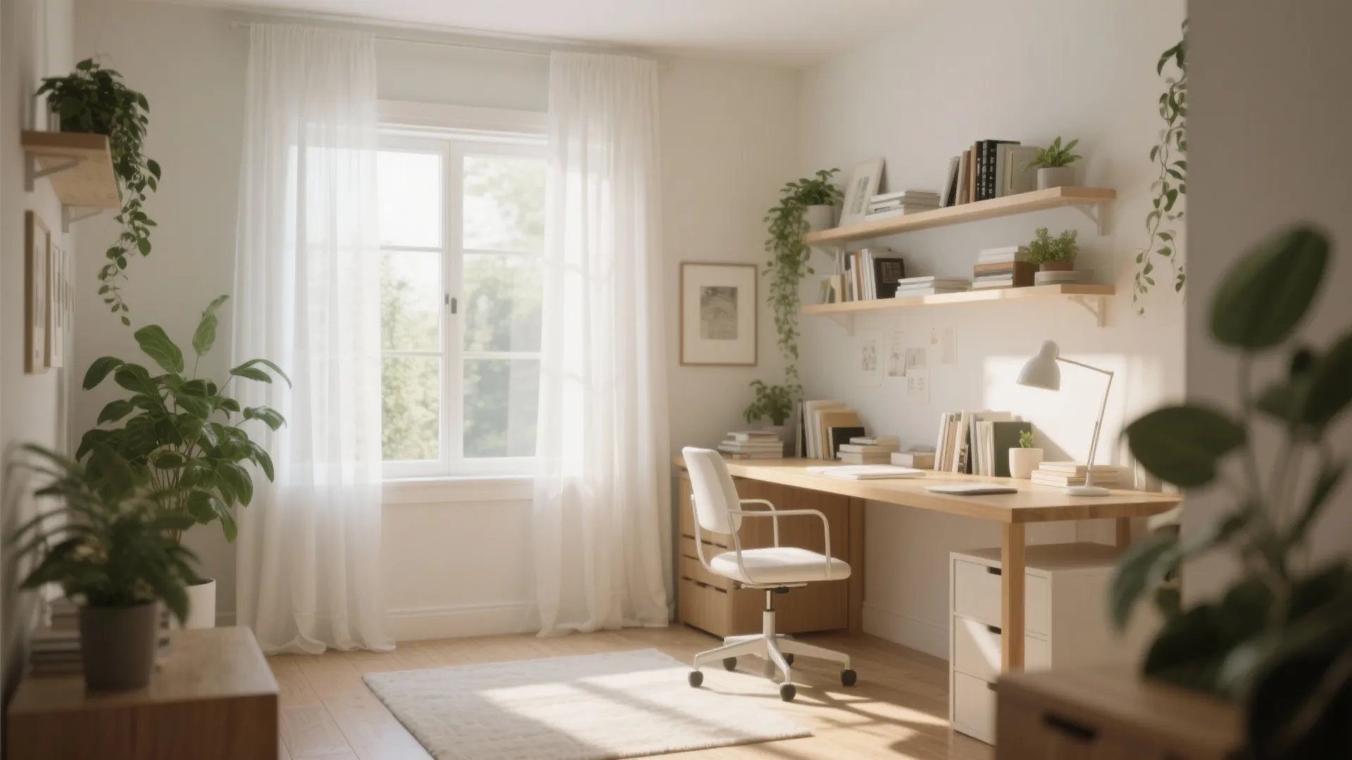 Bright study room with white curtains wooden desk white chair many green plants and shelves