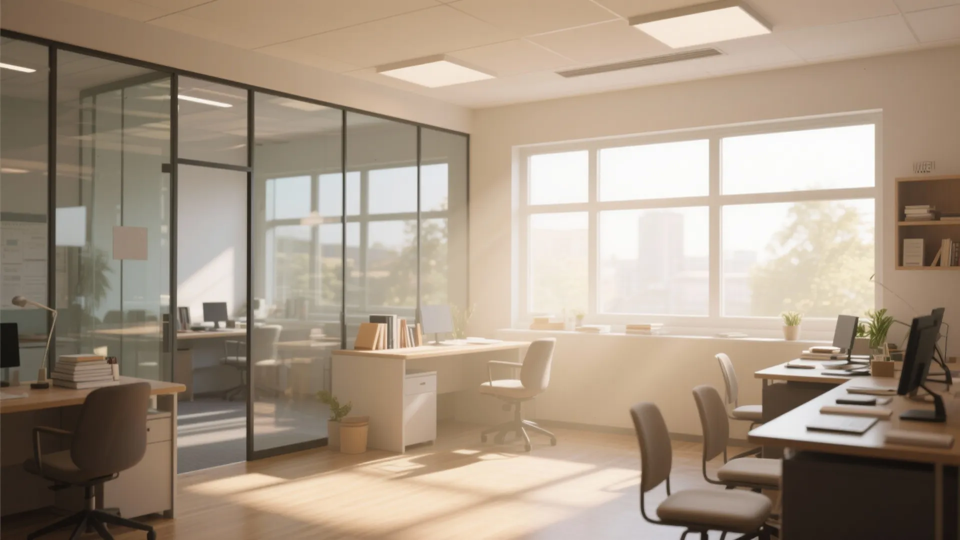 Bright office room with glass walls desks chairs and sunlight coming through a large window