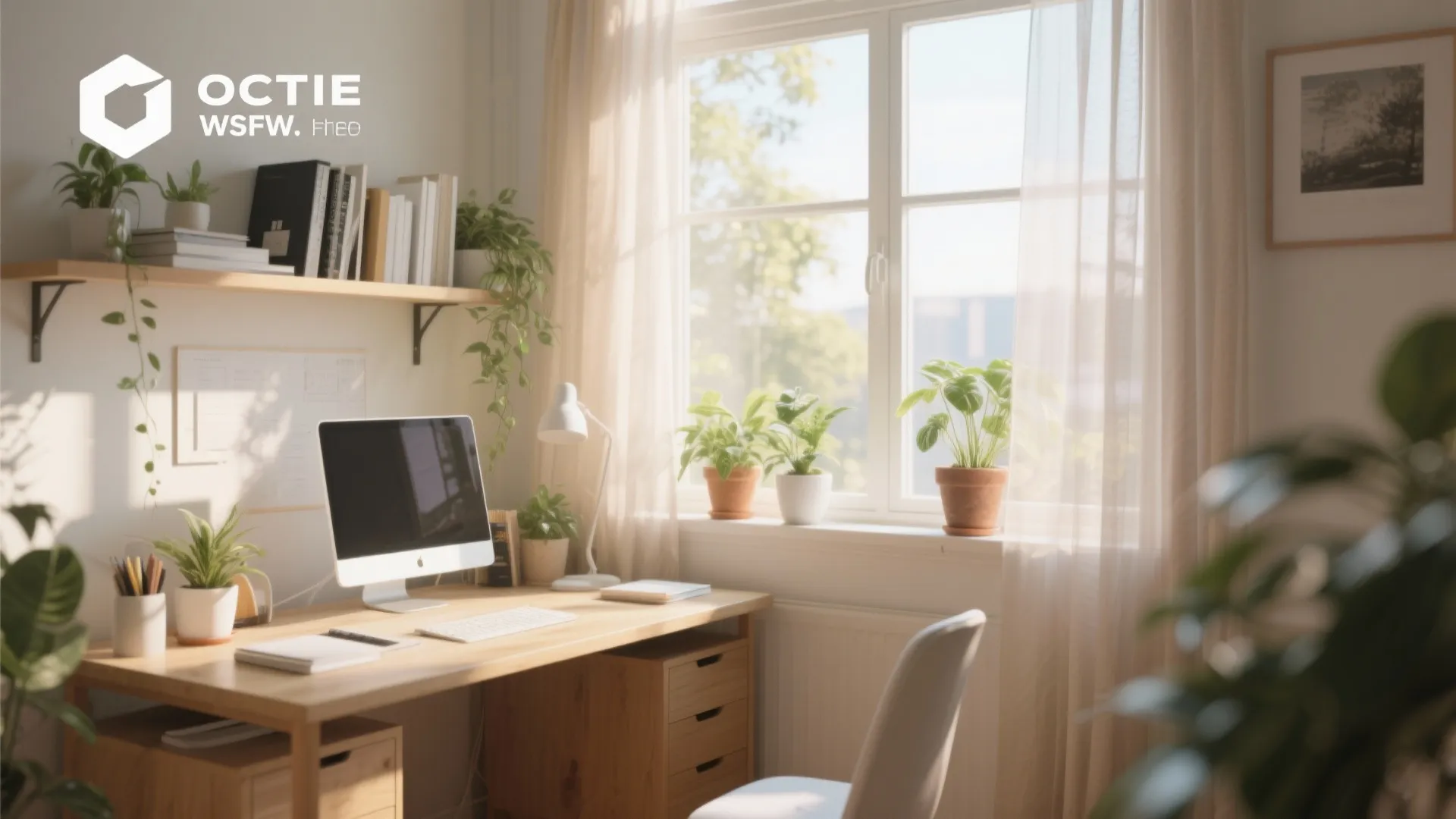 Bright home office with computer on wooden desk potted plants on windowsill and natural light
