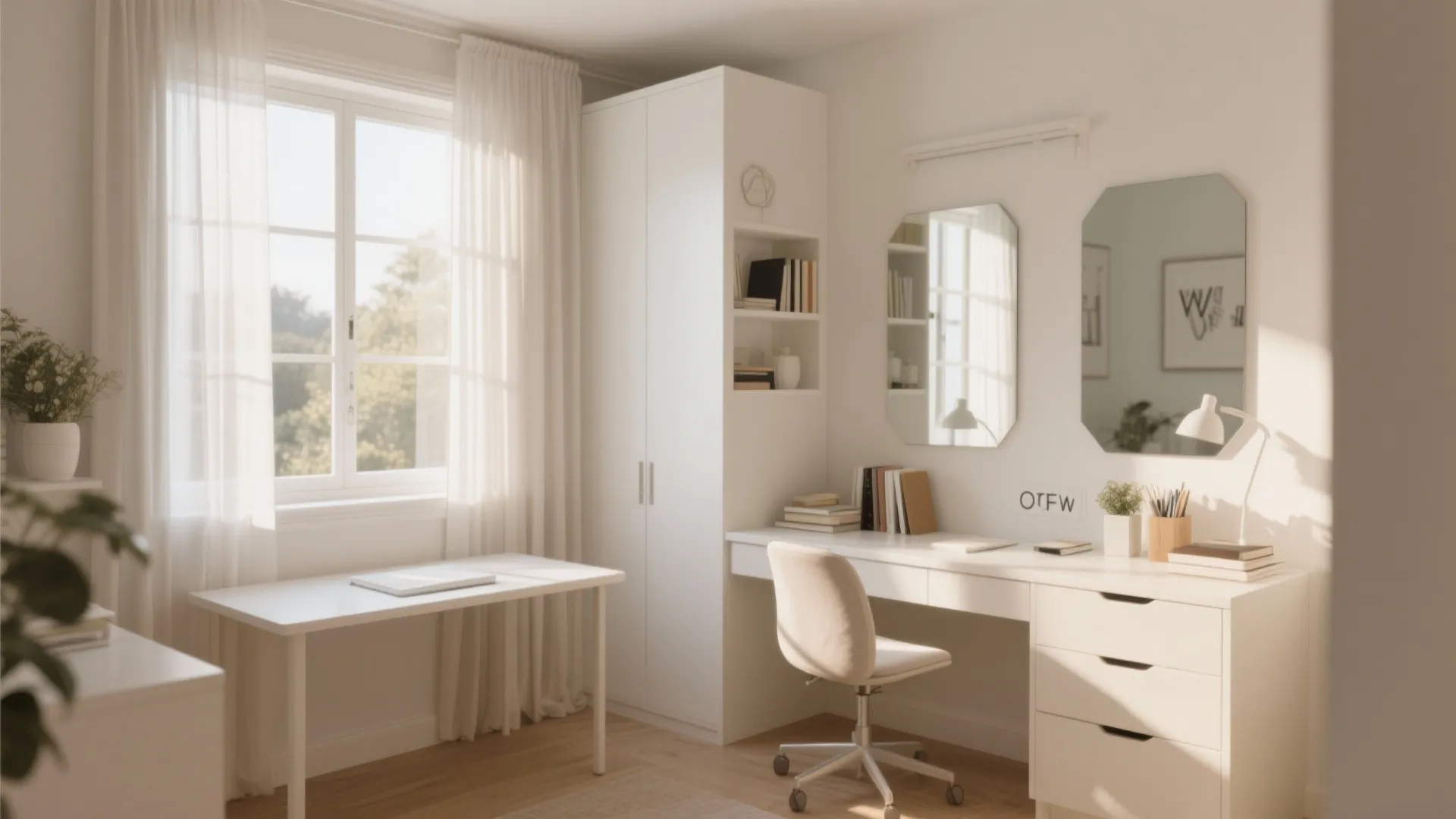 Bright white home office featuring minimalist desk chair wall cabinet mirrors and soft sunlight through curtains