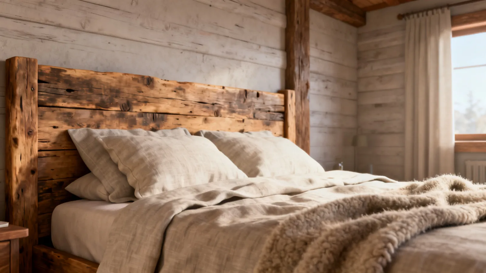 cabin bedroom featuring reclaimed wood headboard linen bedding and wool blanket