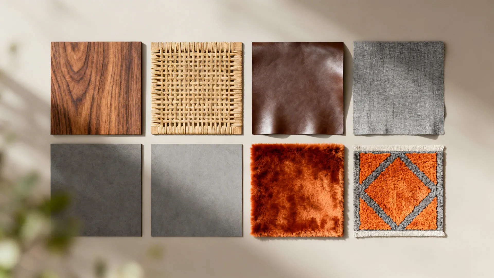 Flatlay of wood, rattan, leather and fabric swatches including burnt orange and gray samples.
