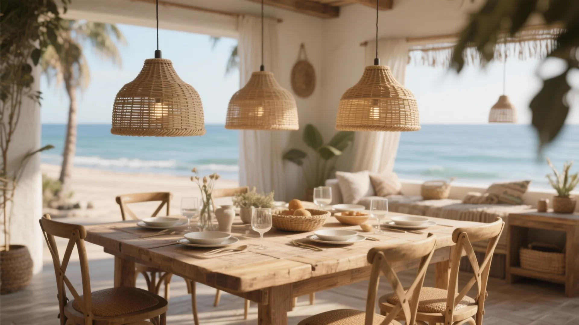 Coastal dining area with wooden table, woven ceiling lights, and beautiful view of the beach
