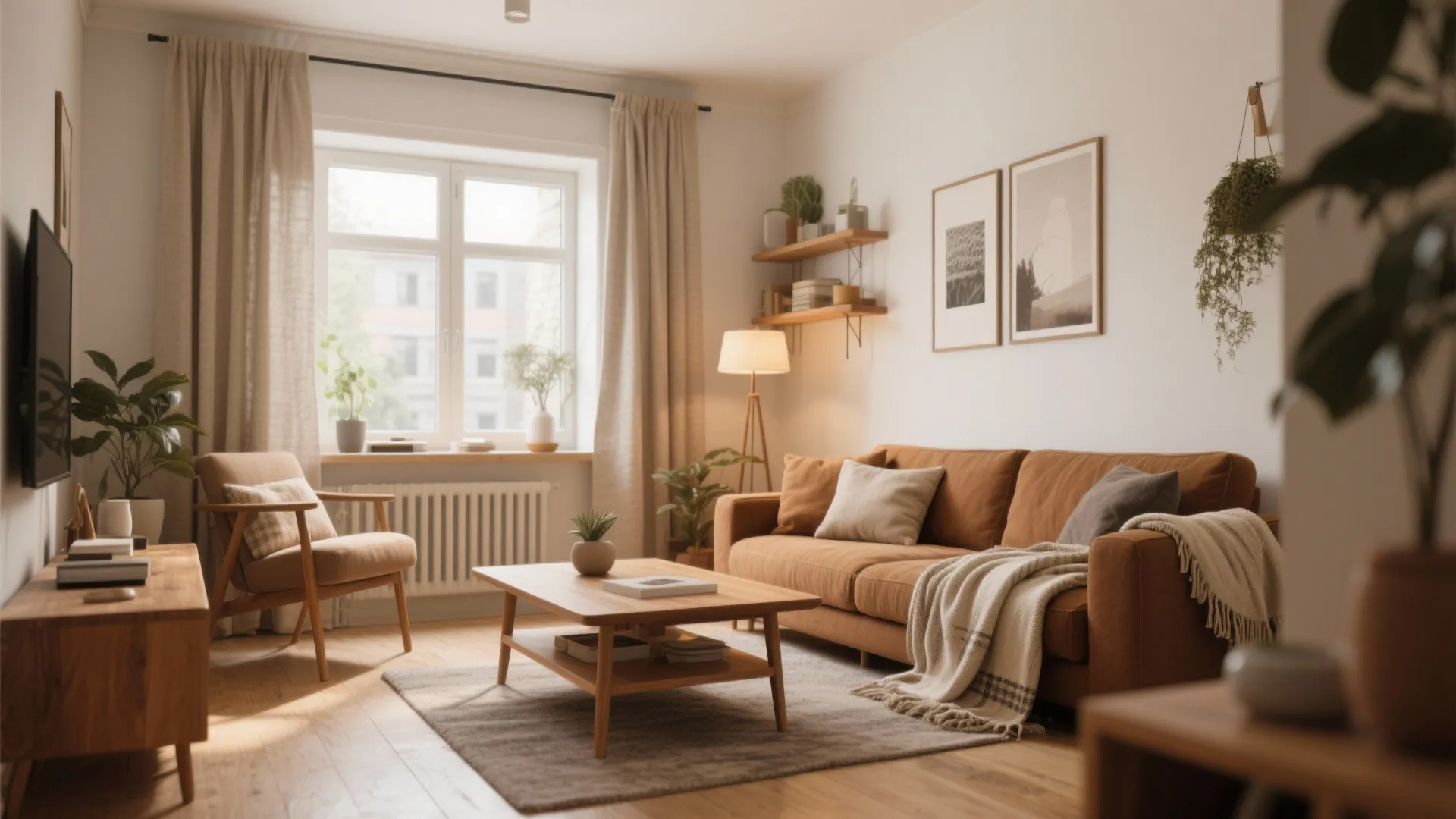 Oak table and linen curtains adding warmth to a small living room