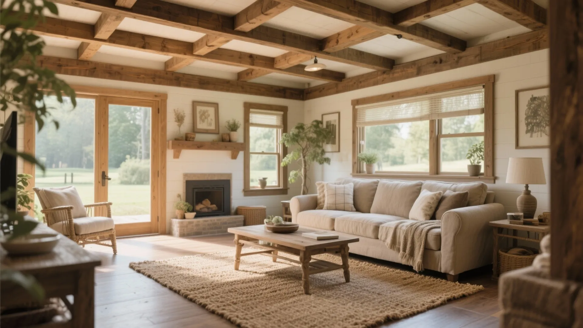 Cozy living room with wooden ceiling beams fireplace sofa coffee table rug and large glass doors