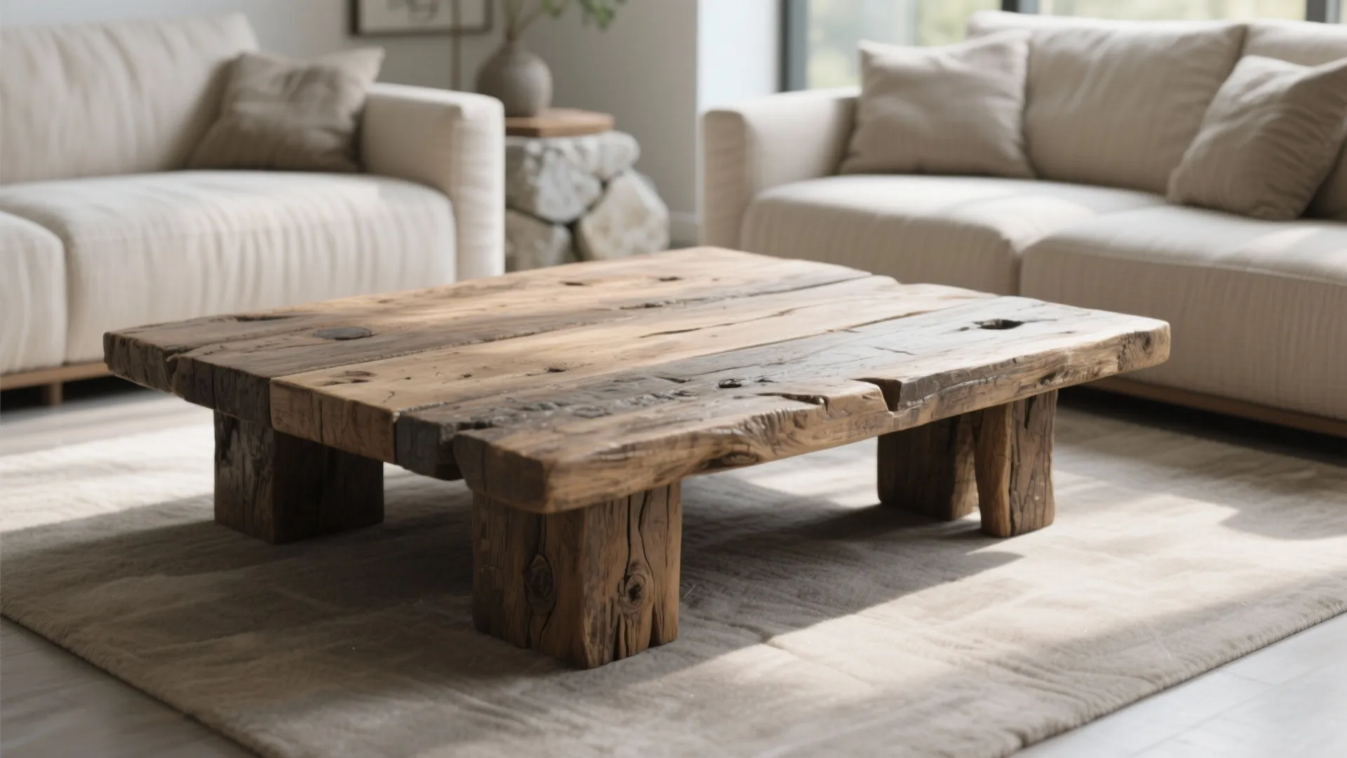 Rustic wooden coffee table in a modern living room with cream sofas and natural light