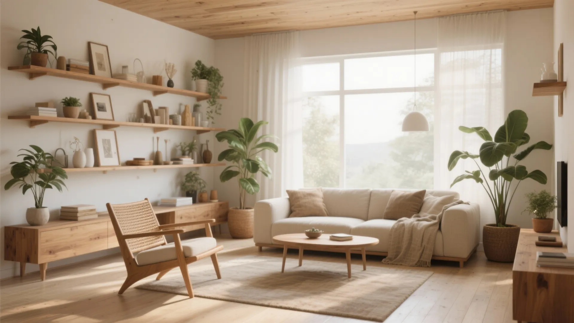 Bright living room featuring wooden wall shelves white sofa round coffee table and large windows