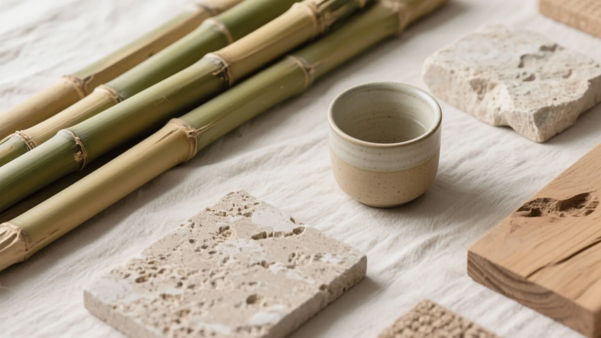 Green bamboo stalks stone tiles ceramic cup and wood pieces placed on a white fabric surface