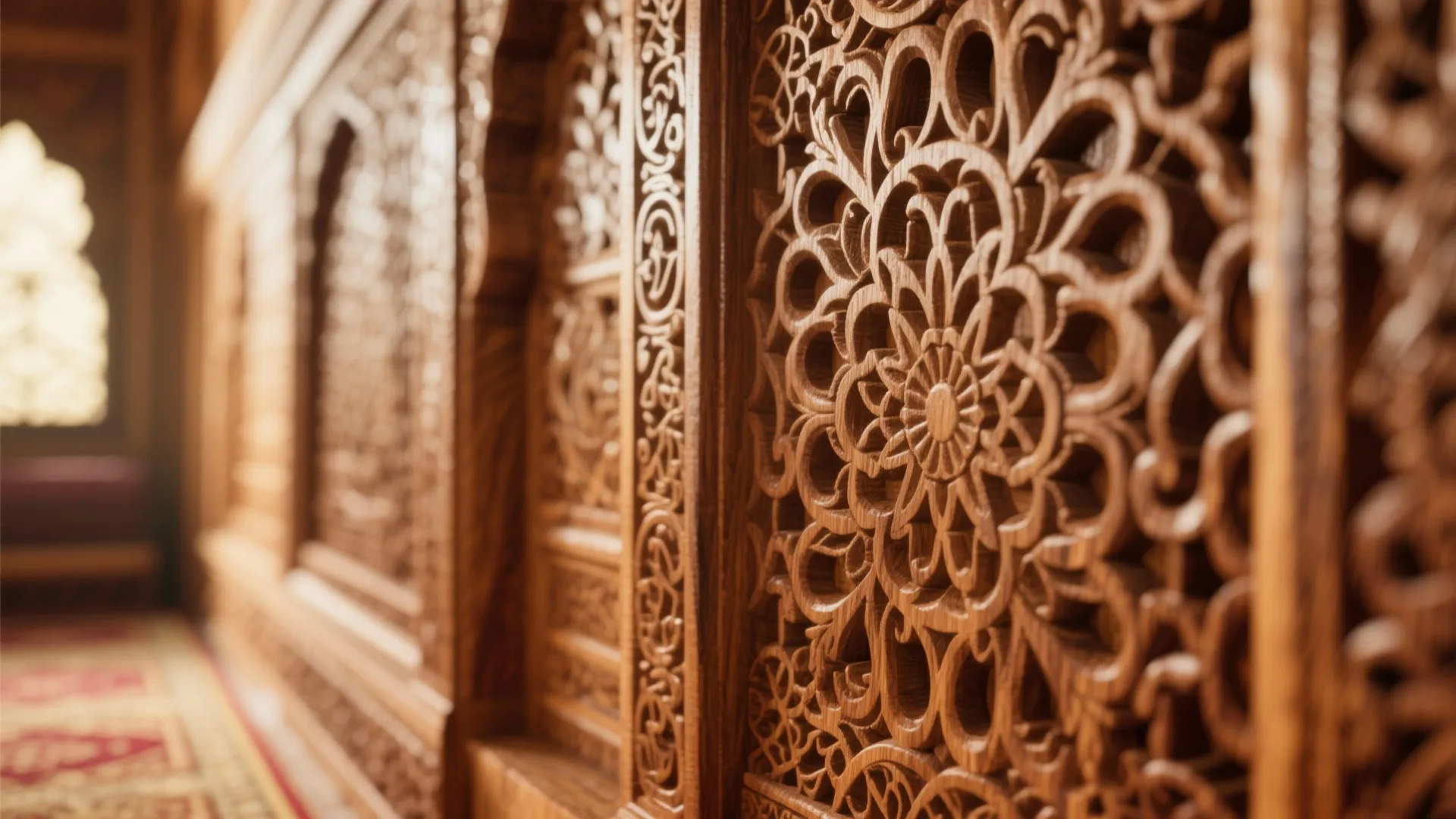 Detailed wood carving patterns on wall panel with natural brown wood finish and floral designs