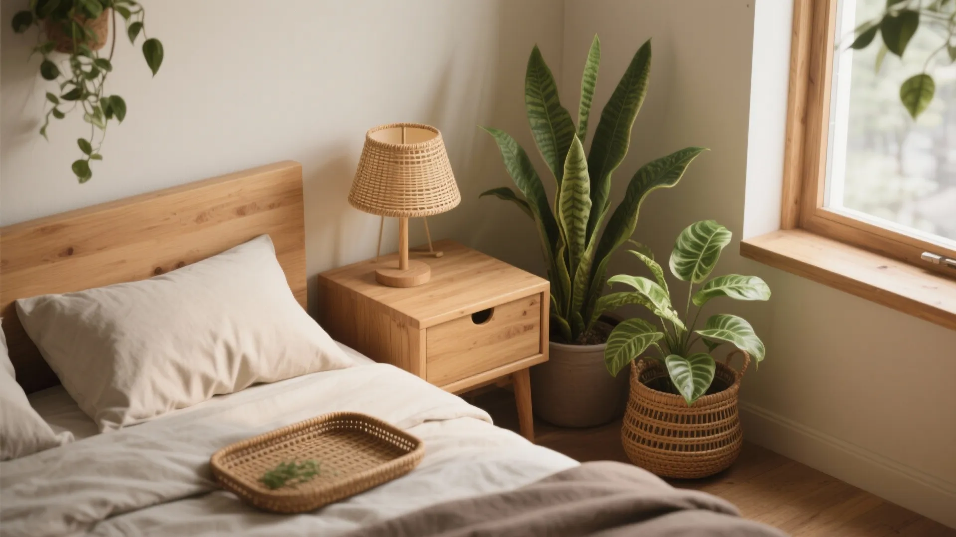 Wooden bedside table with woven lamp green snake plant in pot and clean white bedding