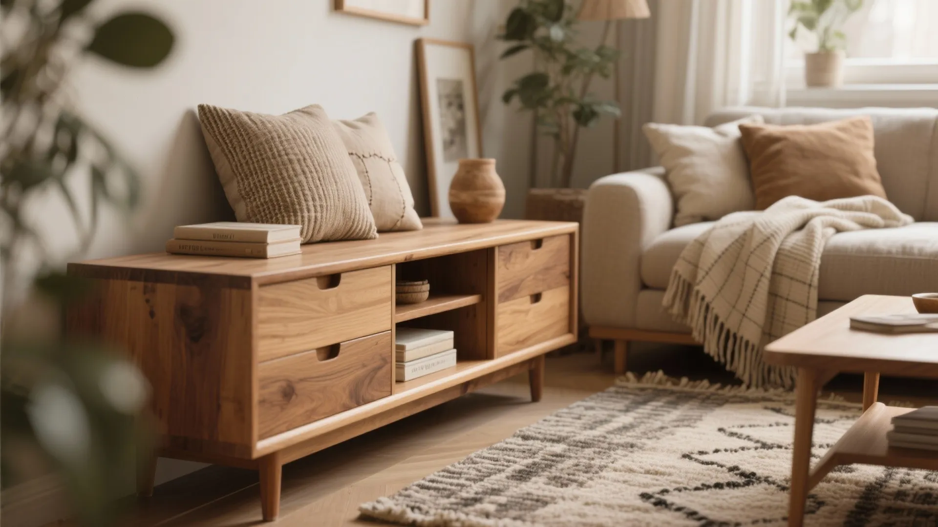 Wooden cabinet with drawers and books in a cozy living room with sofa and rug