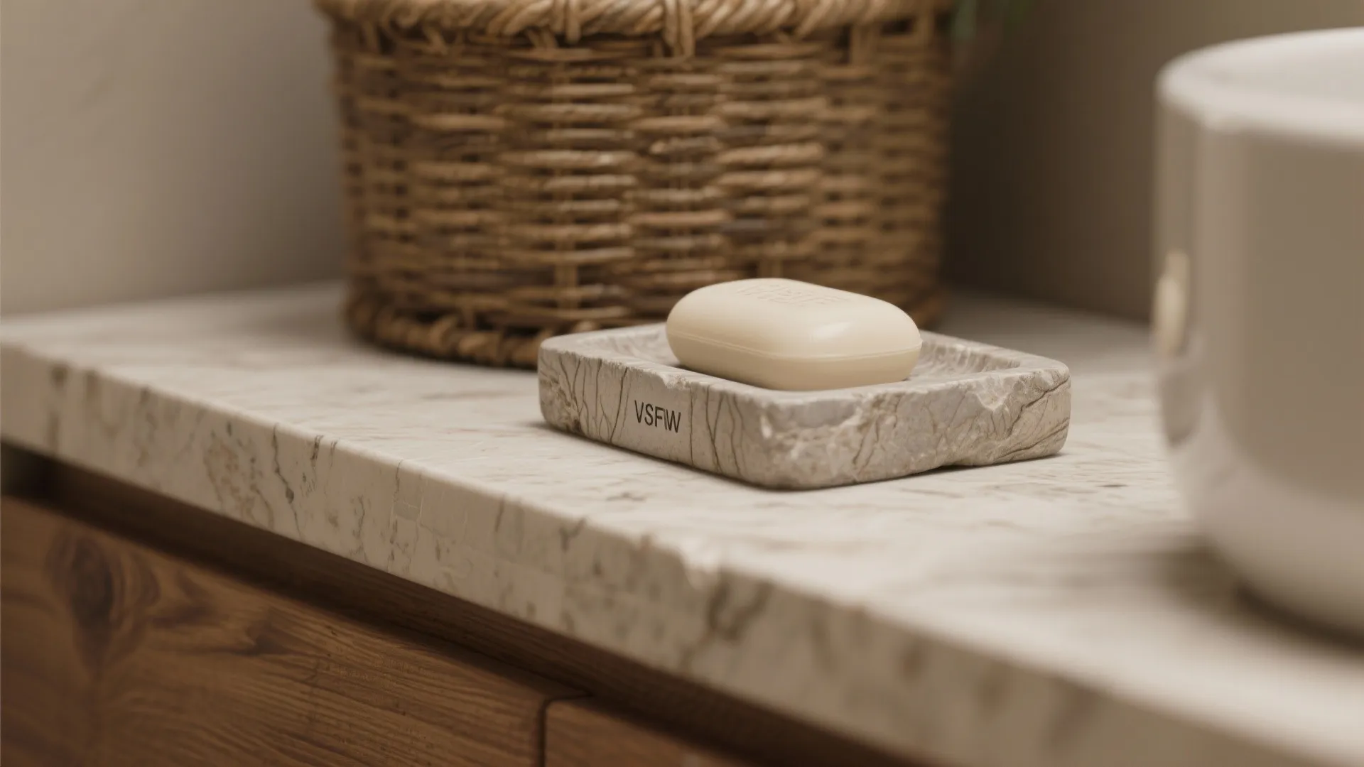 Marble bathroom counter with a stone soap dish holding white soap and a wicker basket