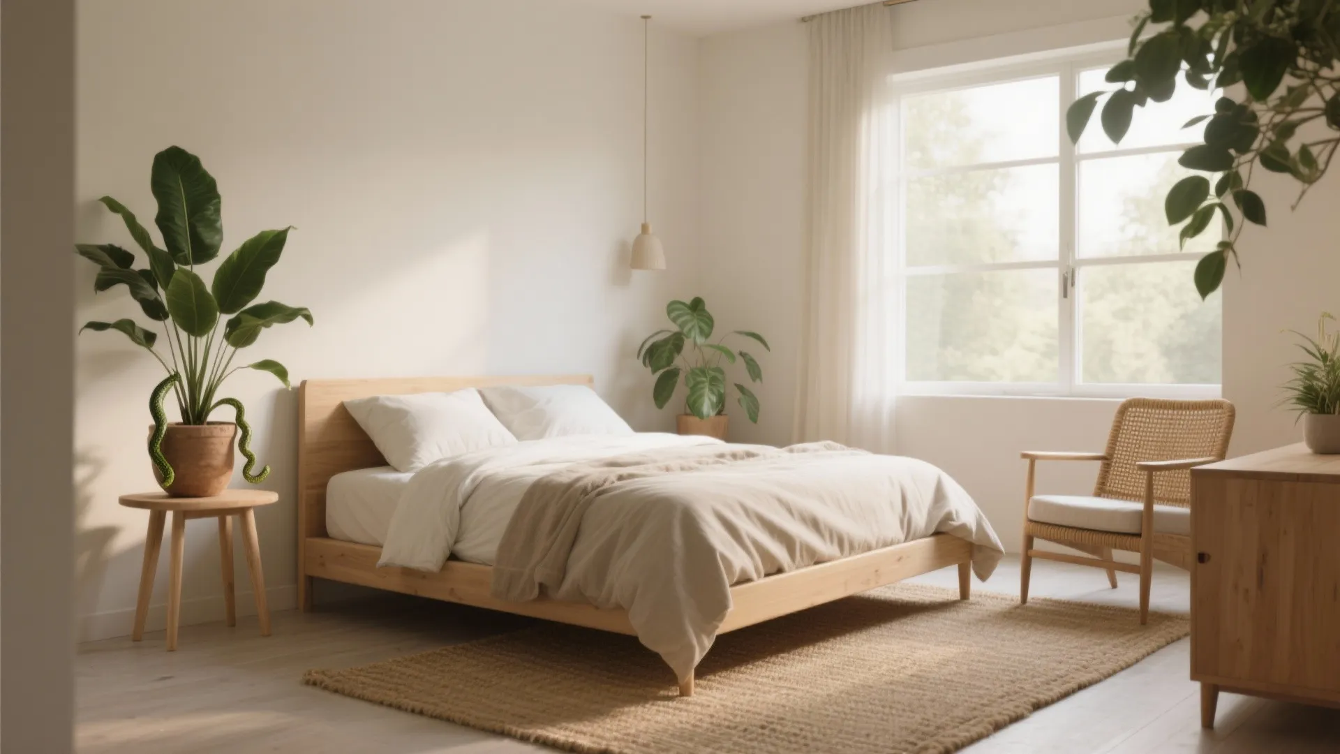 Bedroom with rattan chair, jute rug, linen bed and potted plants in soft morning light.
