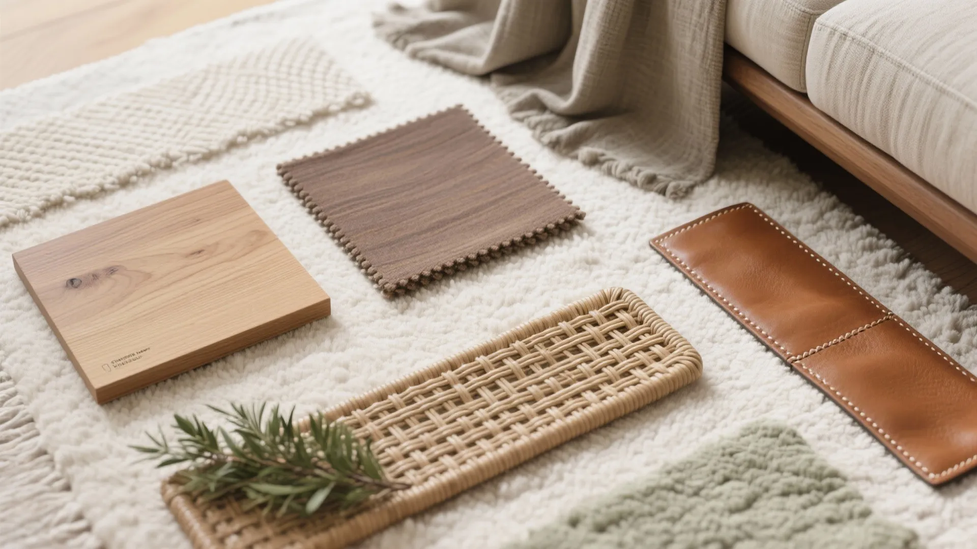 Collection of natural material samples including wood leather and woven textures on a white rug