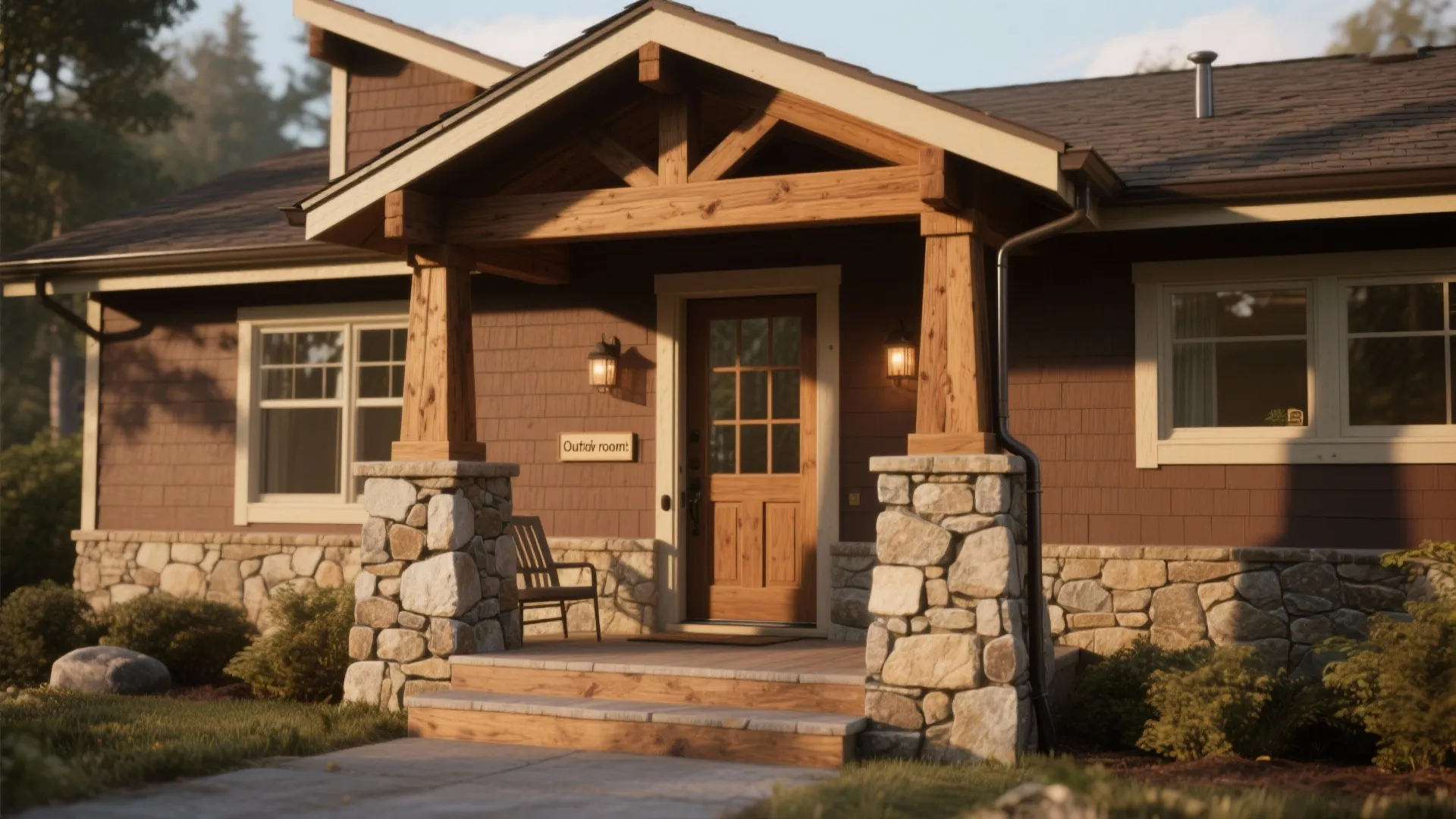 Modern house front entrance with stone pillars wooden beams brown siding and warm outdoor wall lights