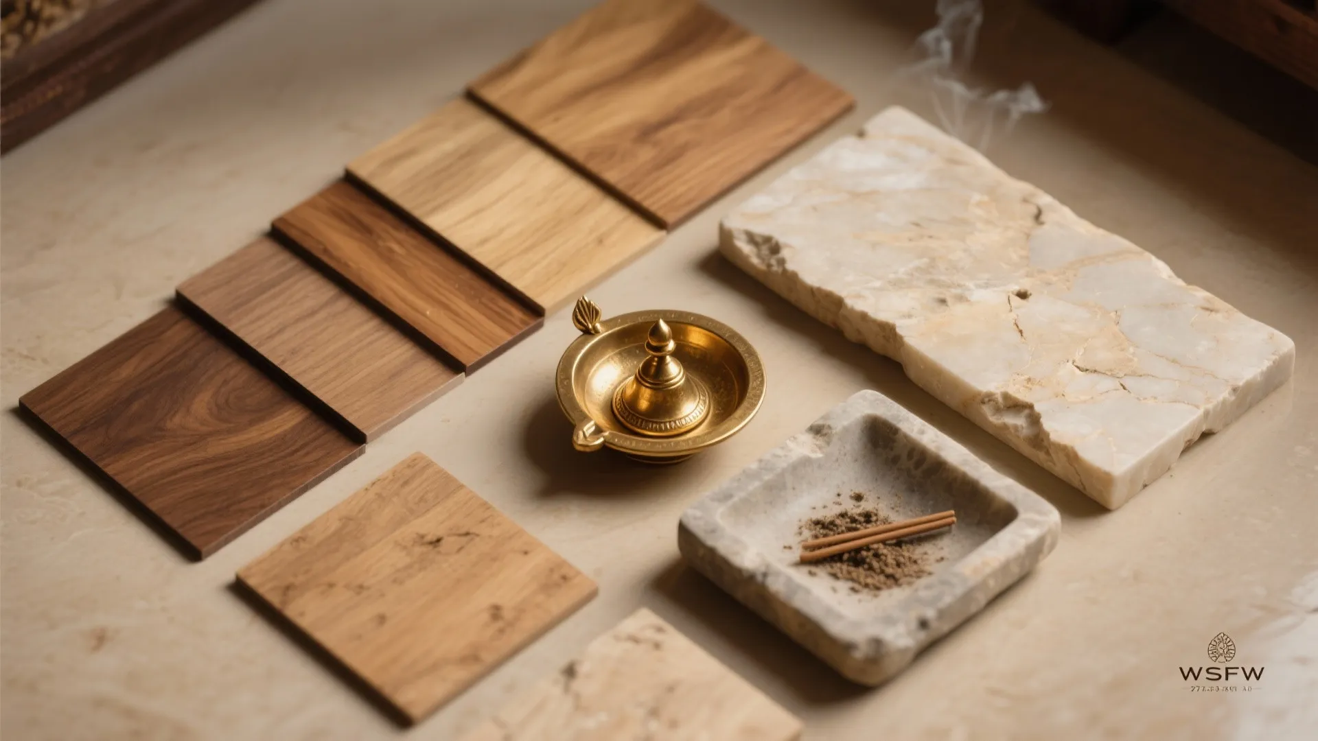 Interior design material samples showing various wood boards marble slabs and a small brass lamp