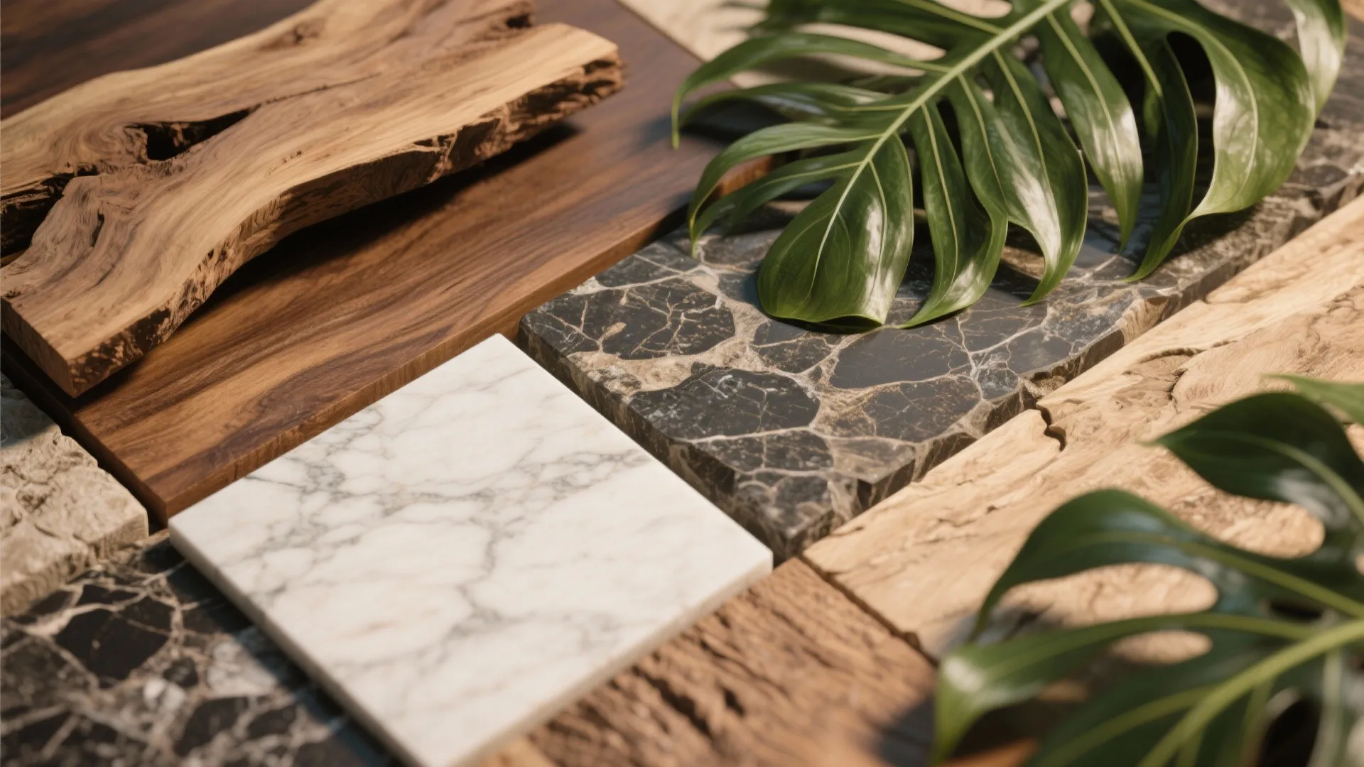 Natural interior design material samples with wood planks, marble tiles, and green tropical plant leaves