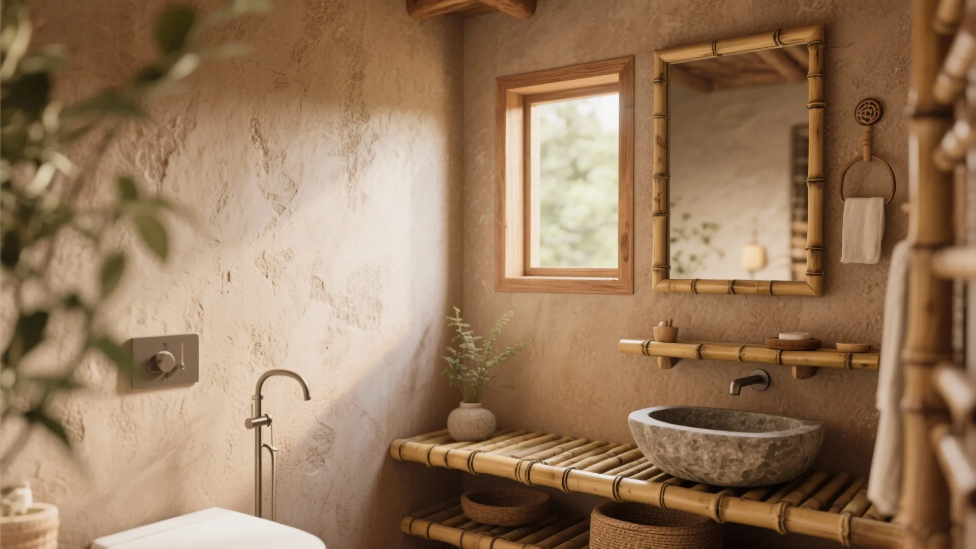 Rustic bathroom featuring bamboo shelves stone sink bamboo mirror textured walls and bright natural light