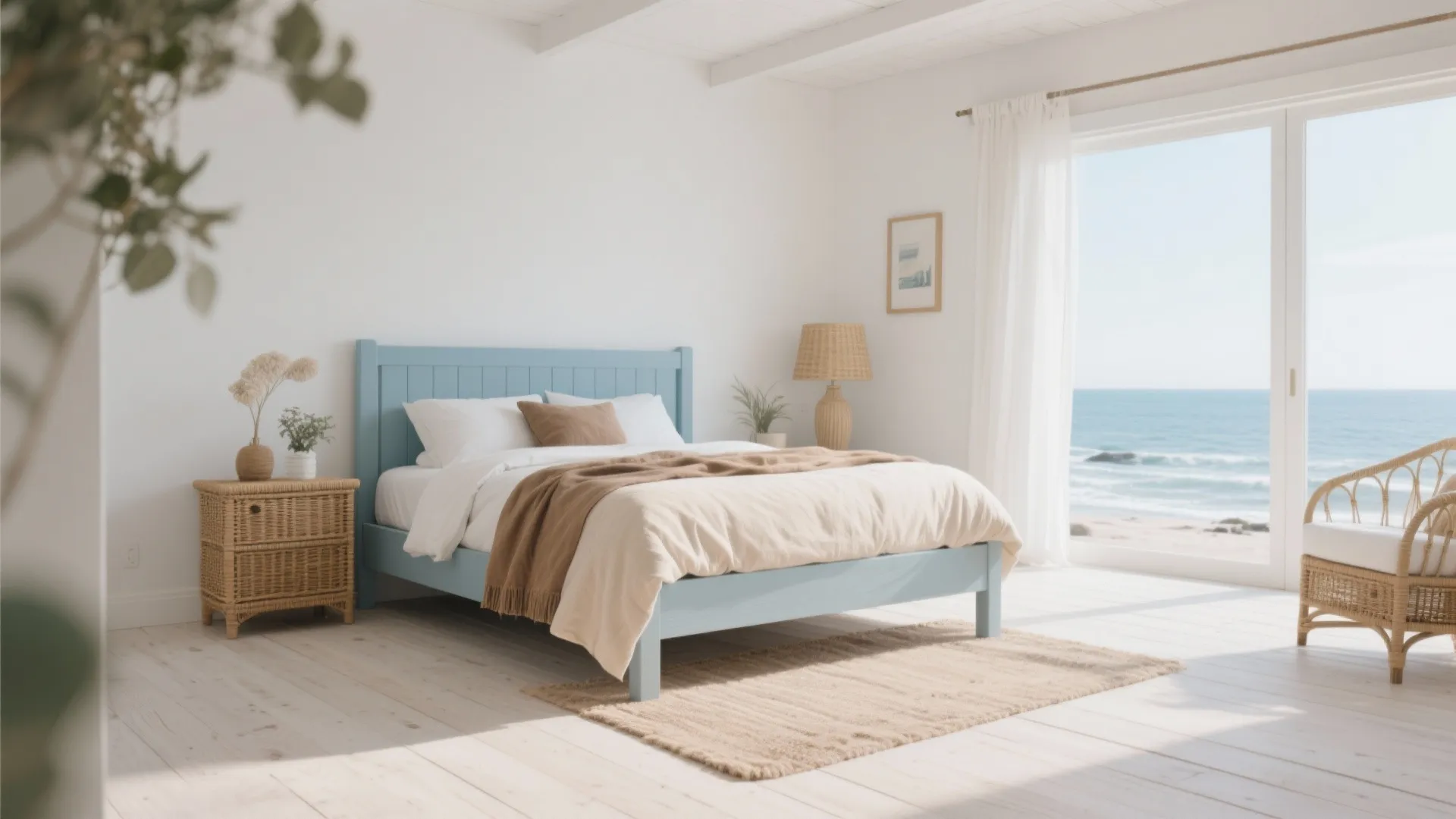 Coastal bedroom with light blue bed frame, wicker furniture, white curtains, and beautiful ocean view