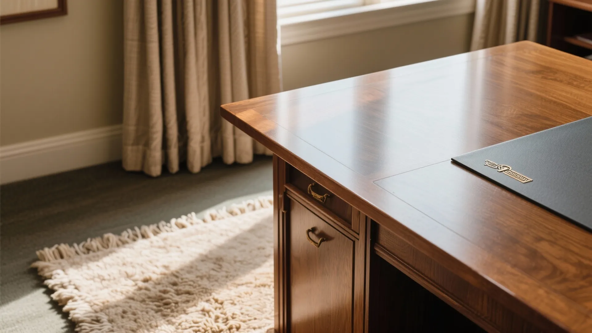 Close-up view of wood, linen, and wool textures in a pastor's office