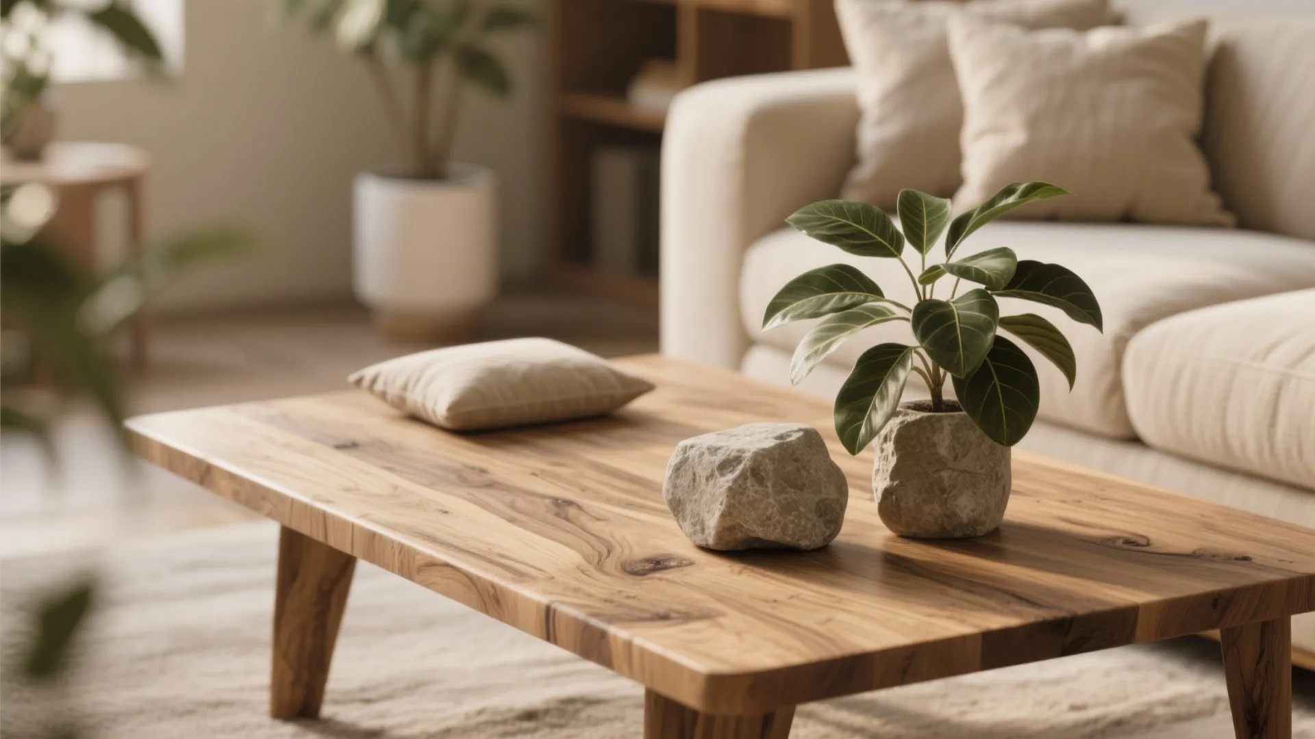 Natural wood coffee table with green plant in stone pot and decorative rock near sofa