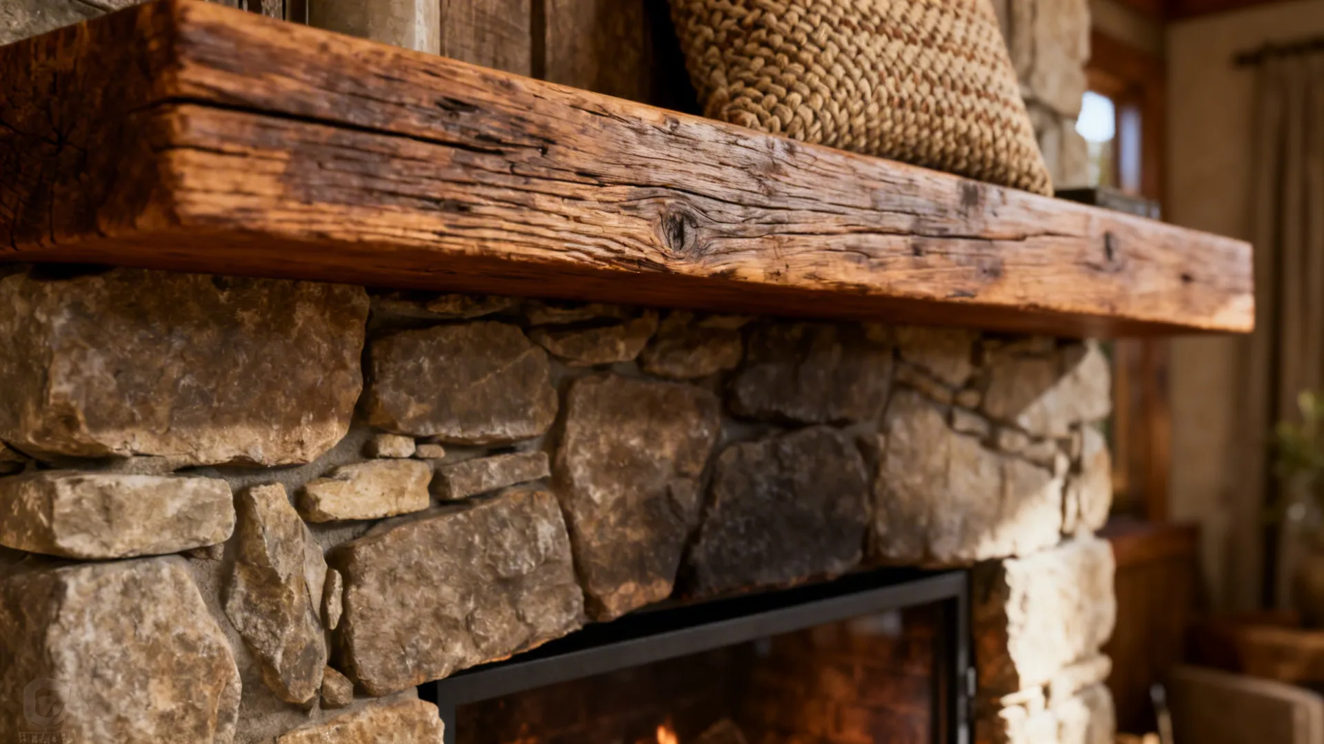 Close-up of reclaimed wood beam, stone hearth, and textured textiles in a ranch interior