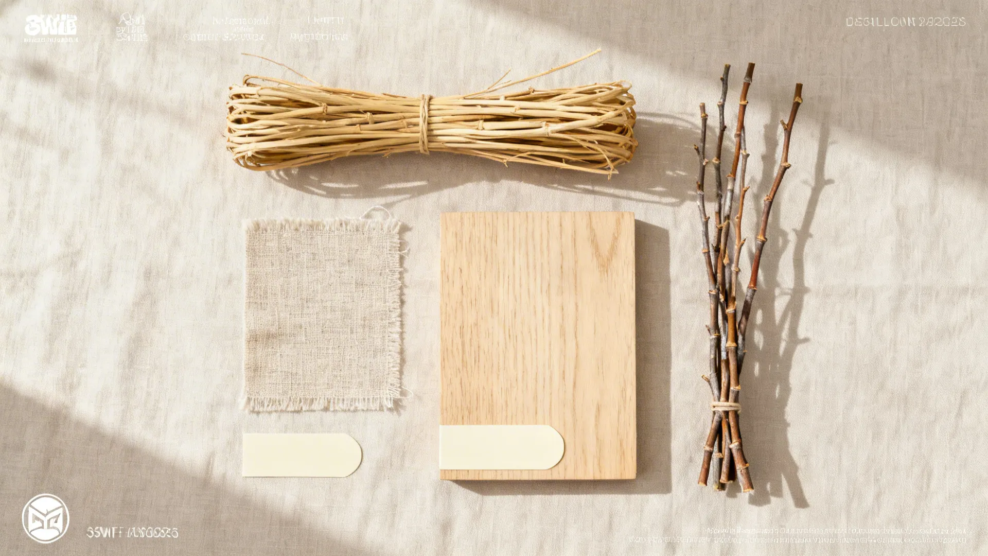 Natural rattan, willow, linen, oak veneer, and label chip arranged on a neutral backdrop.
