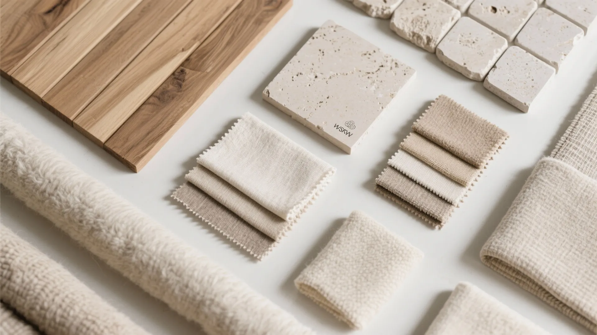 Flatlay of wood, stone, wool, and linen in neutral tones